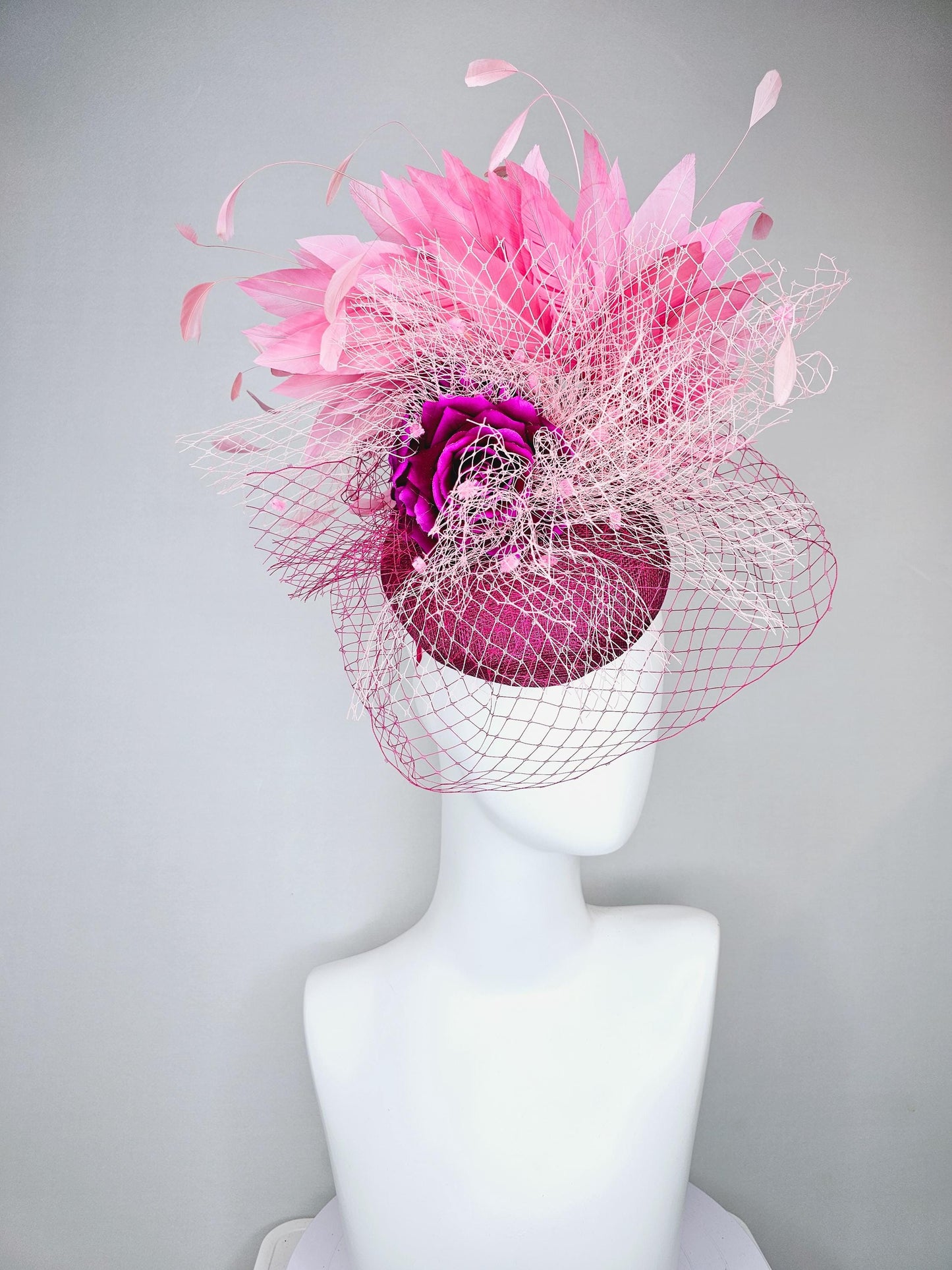 kentucky derby hat fascinator violet purple sinamay with pink feathers and purple satin rose flower with light pink and purple netting