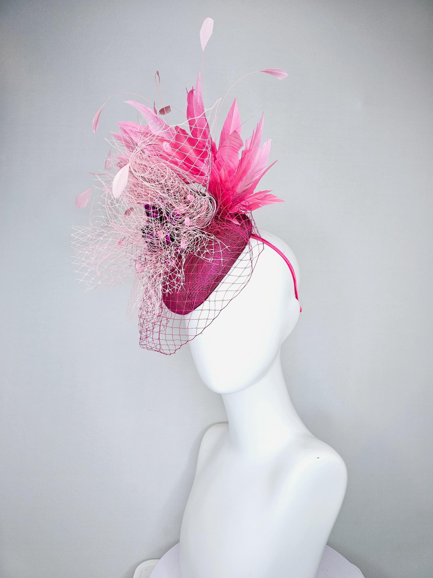 kentucky derby hat fascinator violet purple sinamay with pink feathers and purple satin rose flower with light pink and purple netting