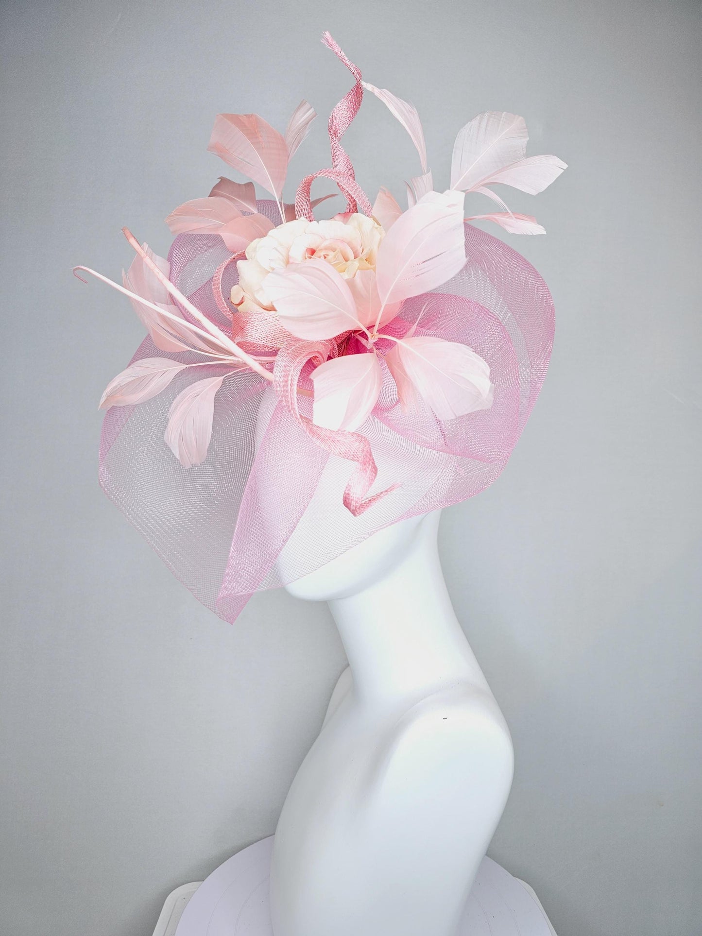 kentucky derby hat fascinator blush light pink branching feathers with light pink netting and satin organza taupe champagne rose flower