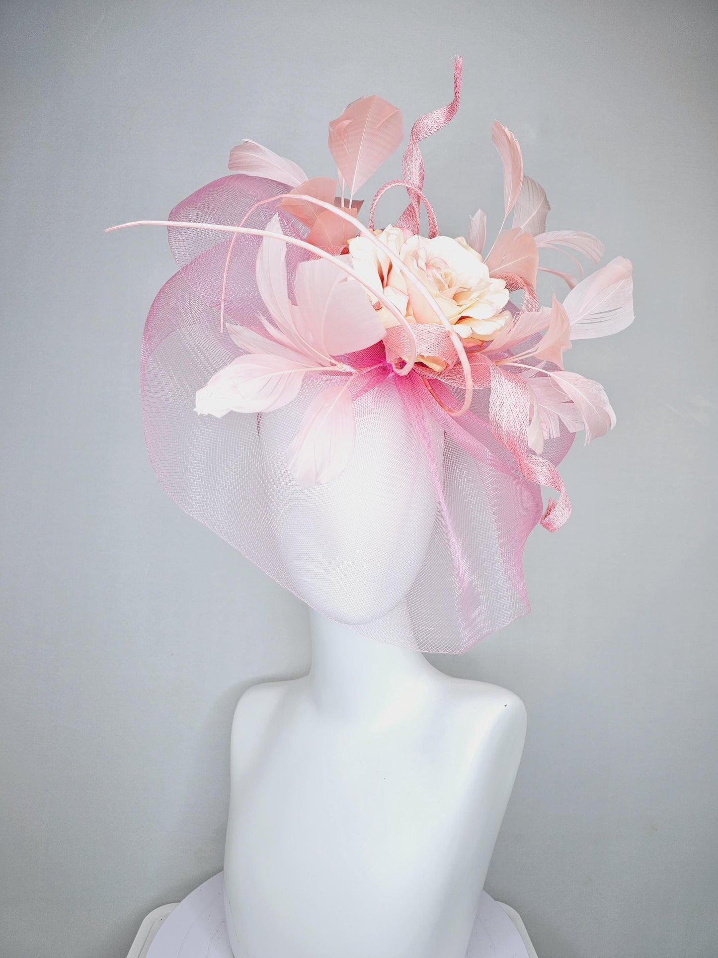 kentucky derby hat fascinator blush light pink branching feathers with light pink netting and satin organza taupe champagne rose flower