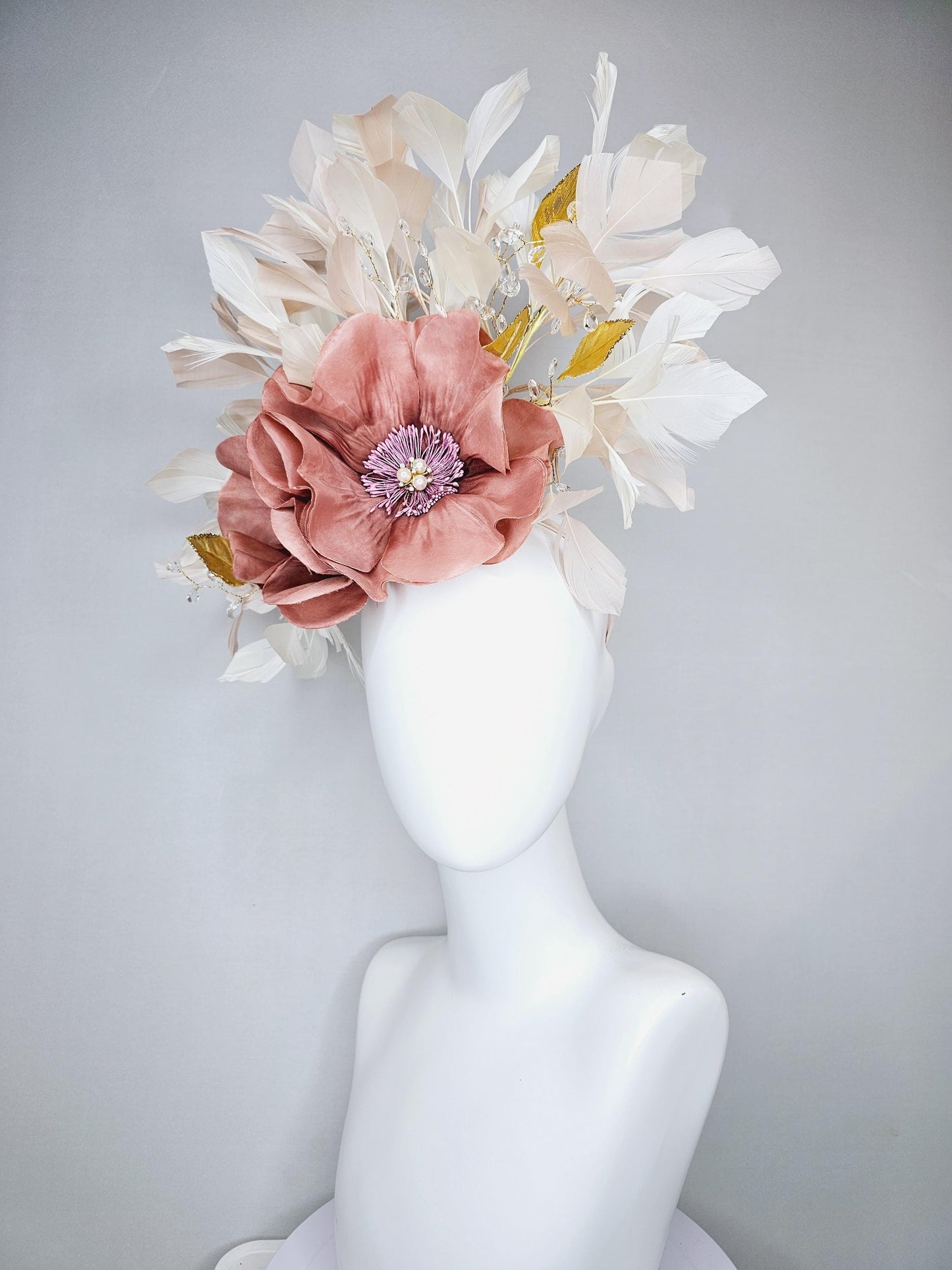 kentucky derby hat fascinator dusty rose gold pink flowers with pearls core and gold leaves, tear drop crystals stems and ivory feathers