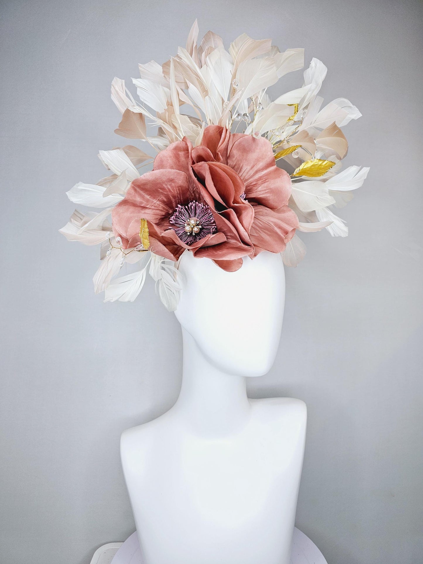 kentucky derby hat fascinator dusty rose gold pink flowers with pearls core and gold leaves, tear drop crystals stems and ivory feathers