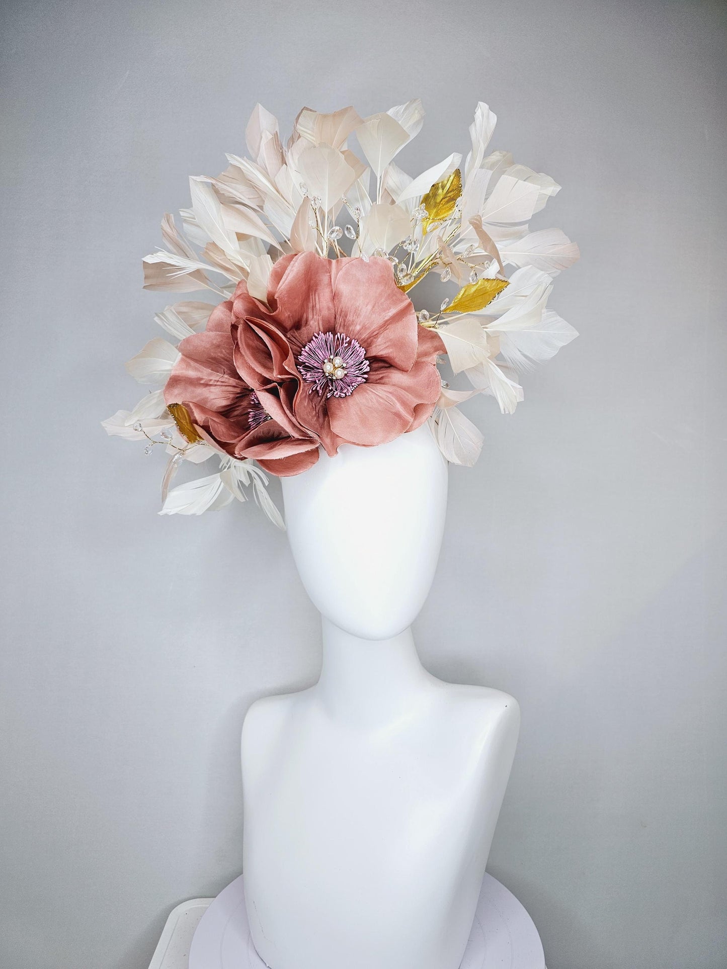 kentucky derby hat fascinator dusty rose gold pink flowers with pearls core and gold leaves, tear drop crystals stems and ivory feathers