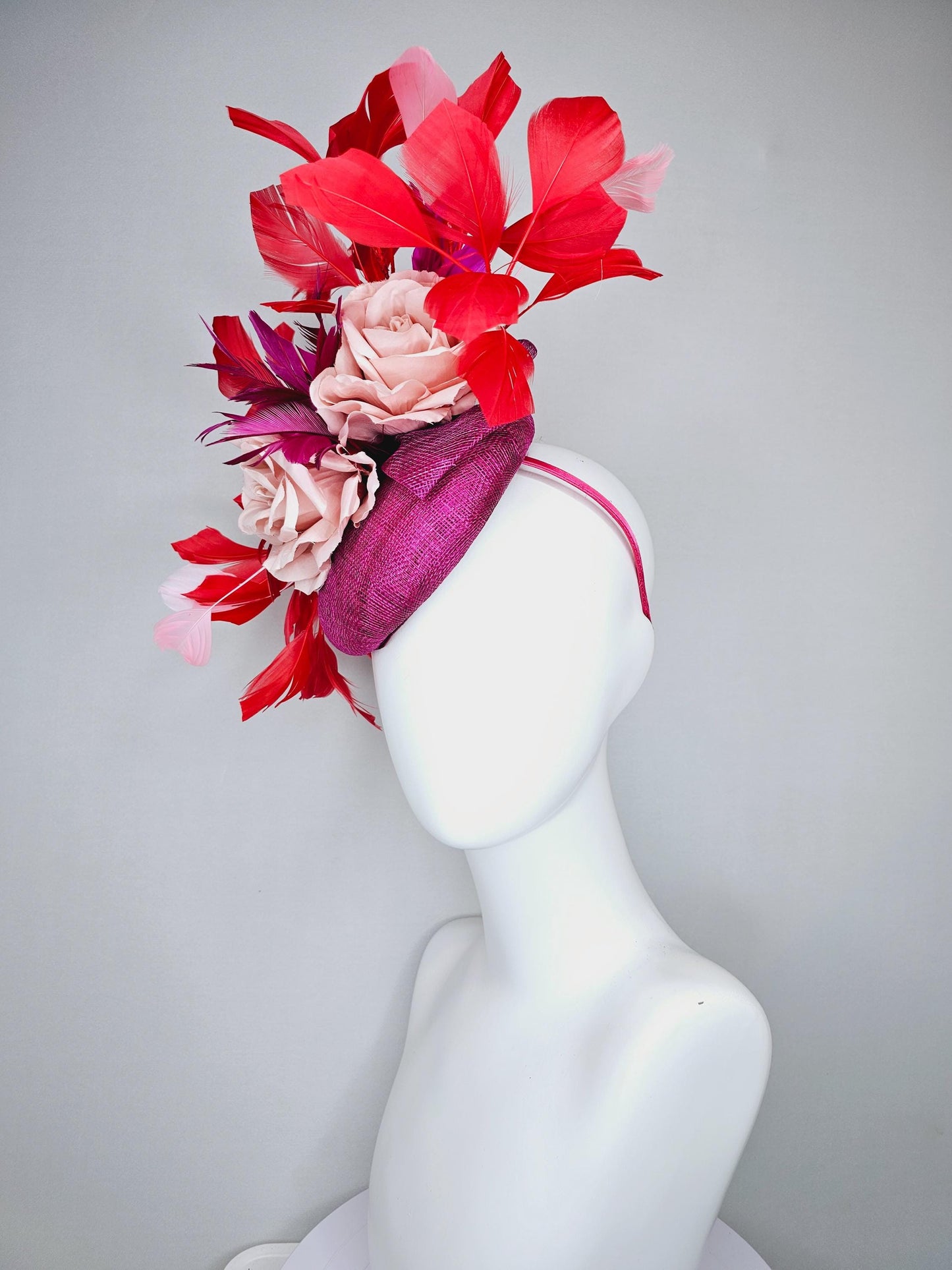 kentucky derby hat fascinator dark fuchsia purple sinamay, light pink satin organza rose flowers with red,pink,fuchsia branching feathers