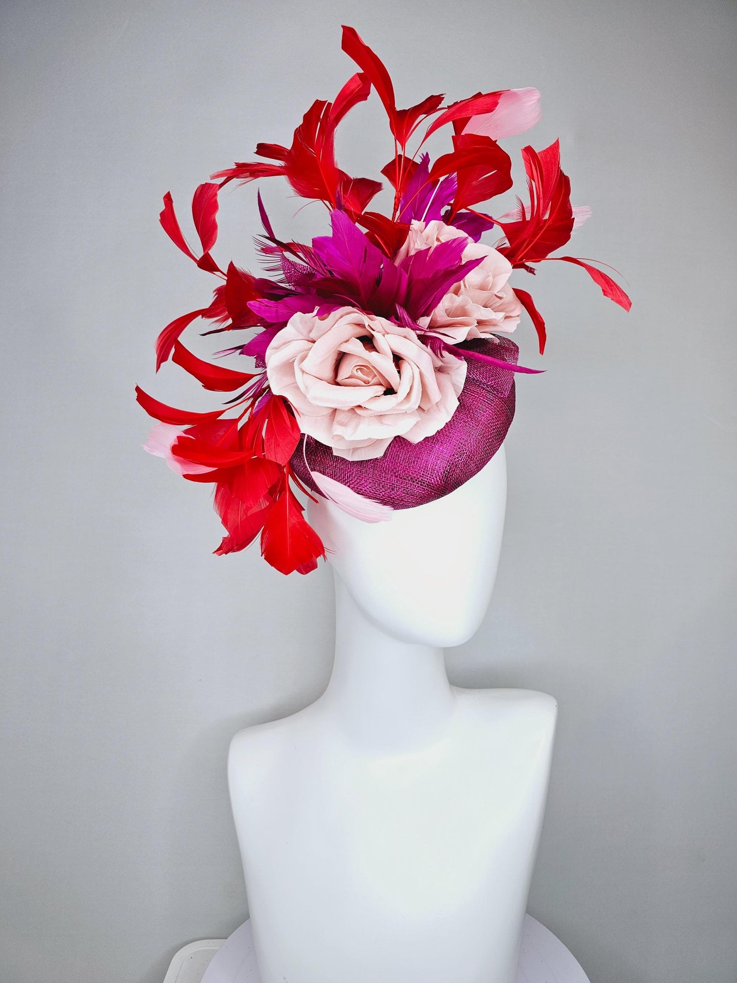 kentucky derby hat fascinator dark fuchsia purple sinamay, light pink satin organza rose flowers with red,pink,fuchsia branching feathers