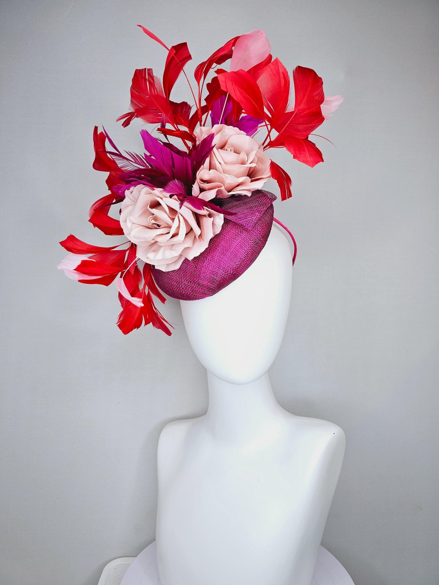 kentucky derby hat fascinator dark fuchsia purple sinamay, light pink satin organza rose flowers with red,pink,fuchsia branching feathers