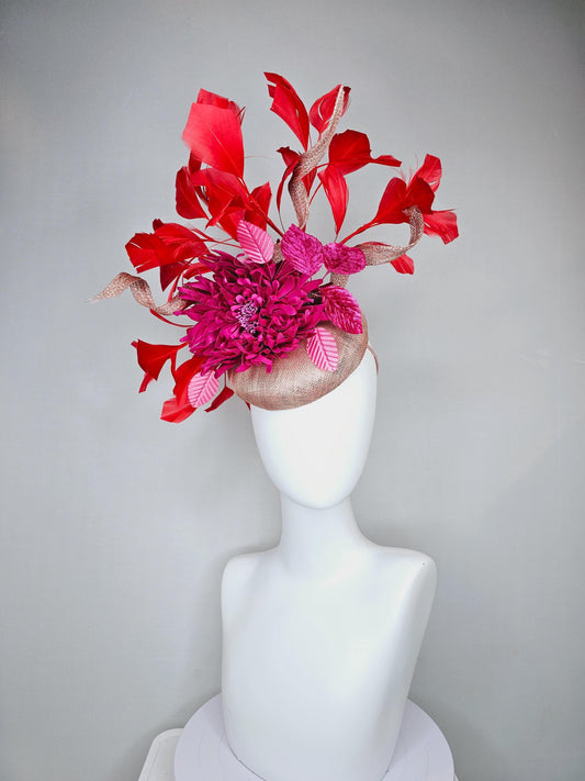 kentucky derby hat fascinator dusty light pink sinamay with hot pink fuchsia satin flower and leaves,sinamay curls, branching red feathers