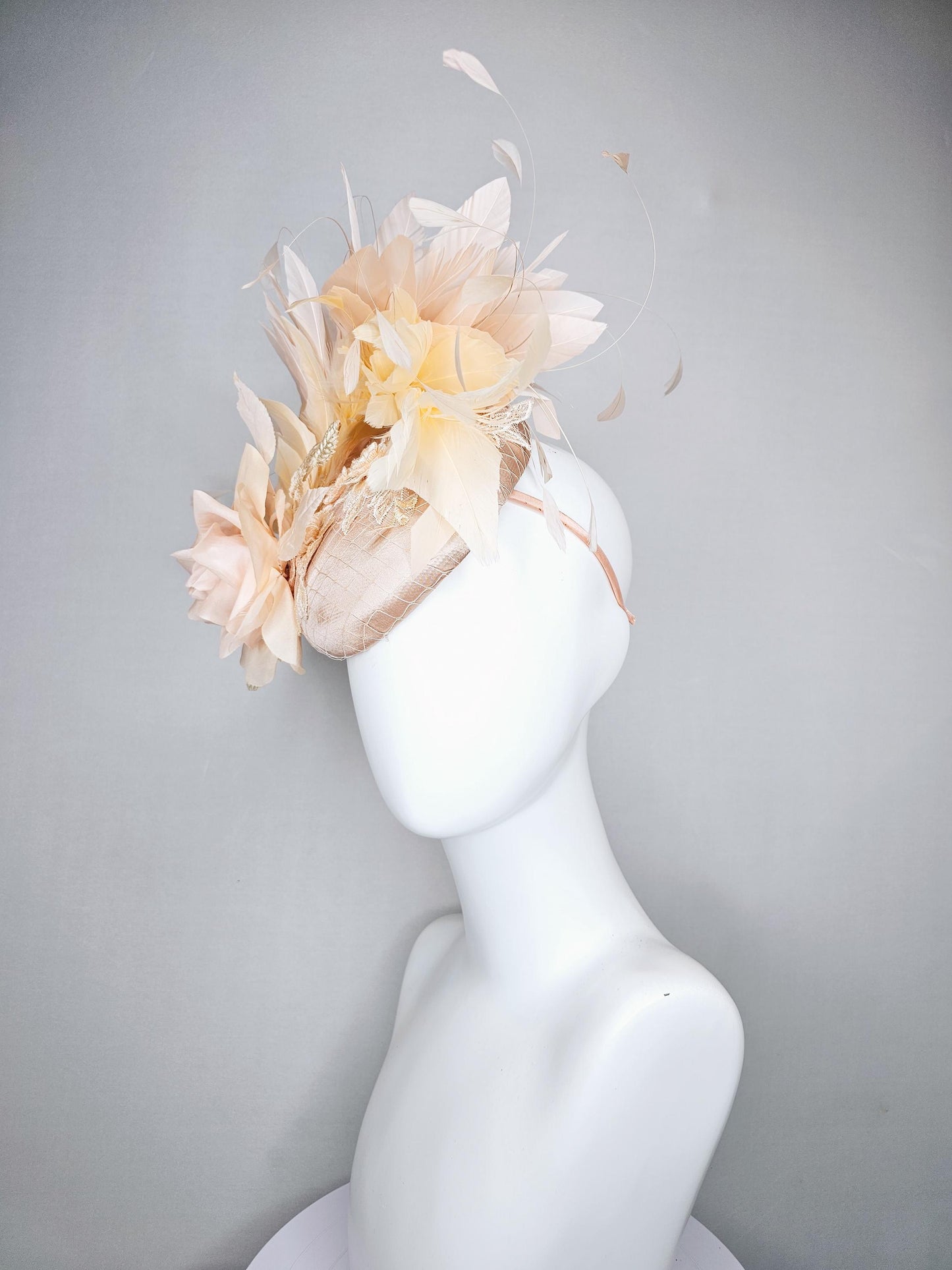 kentucky derby hat fascinator champagne beige satin with lace embroidery, champagne pink satin rose flower and light tan branching feathers