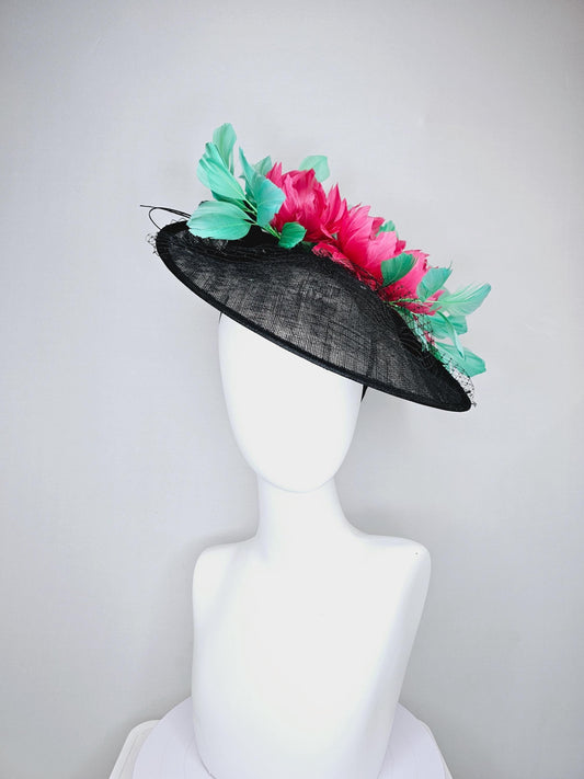 kentucky derby hat fascinator black sinamay saucer with netting, hot pink fluffy feather flowers and green branching feathers