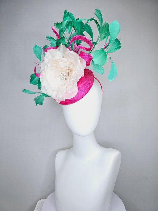 kentucky derby hat fascinator bright hot pink sinamay with curls and large ivory white organza satin rose flower with bright green feathers