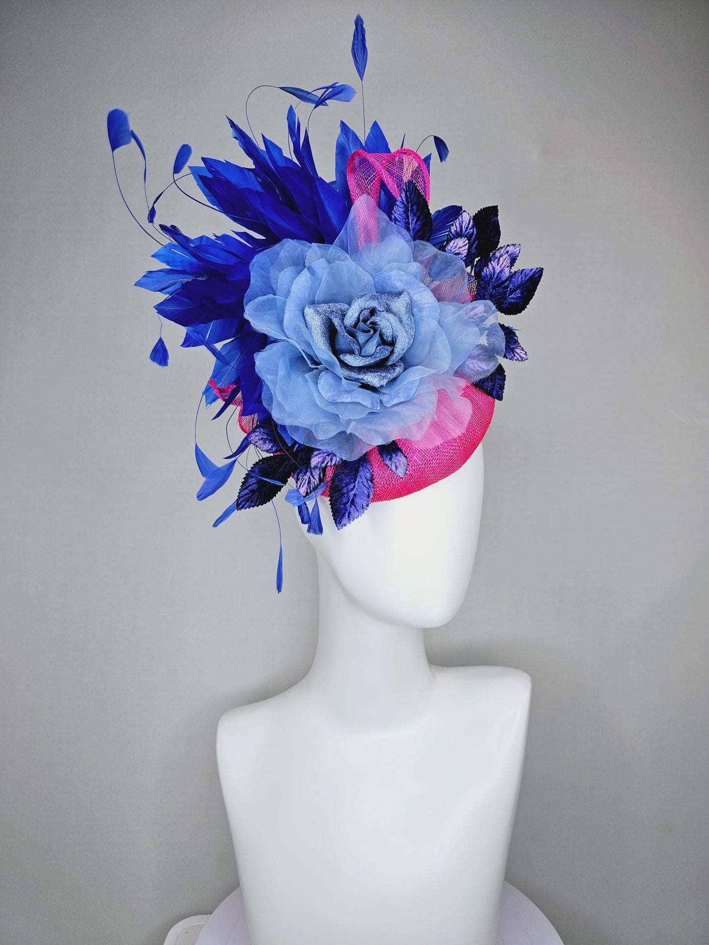 kentucky derby hat fascinator bright hot pink sinamay,light blue organza flower,branching royal blue feathers and blue ombre velvet leaves