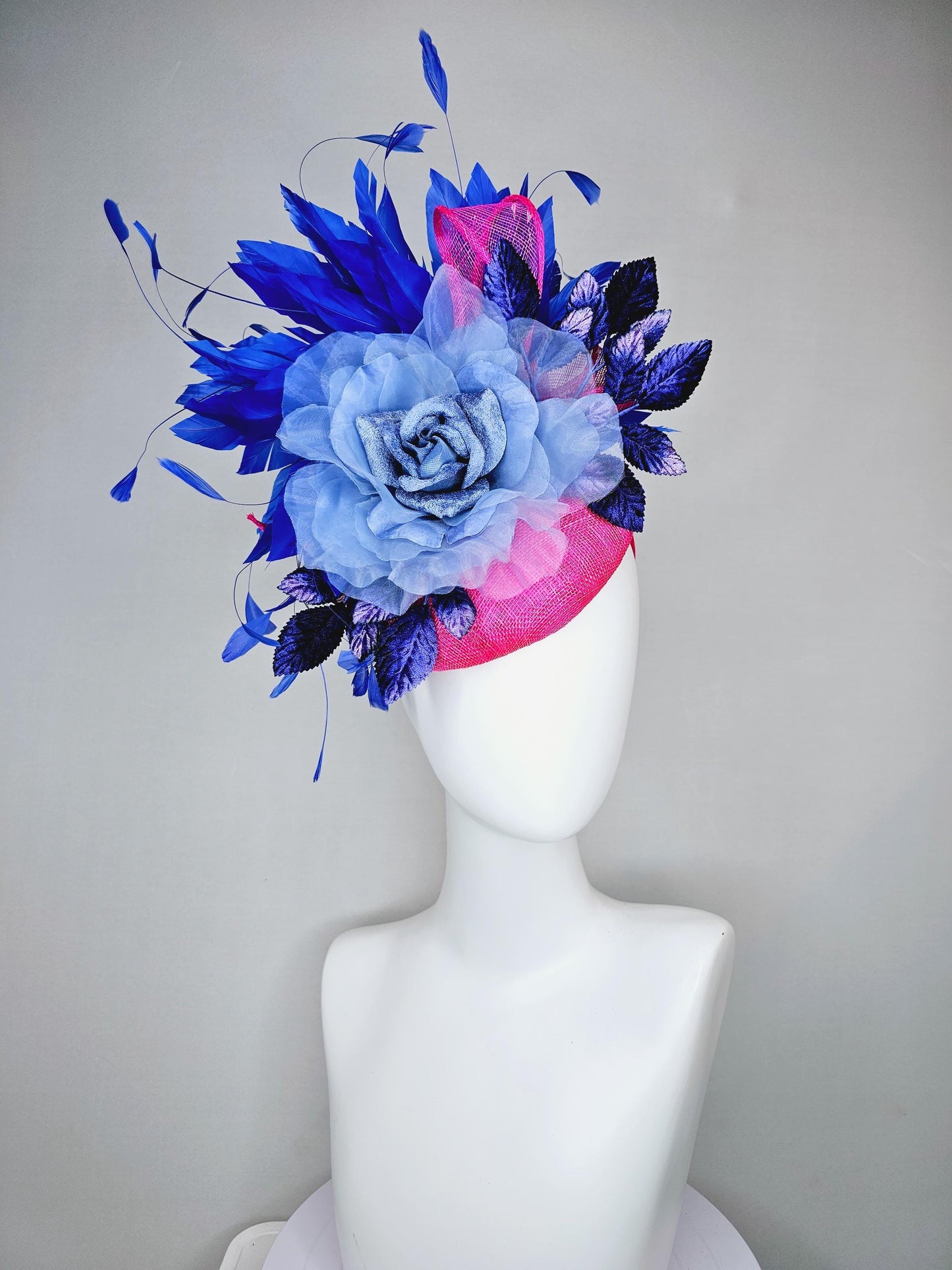 kentucky derby hat fascinator bright hot pink sinamay,light blue organza flower,branching royal blue feathers and blue ombre velvet leaves