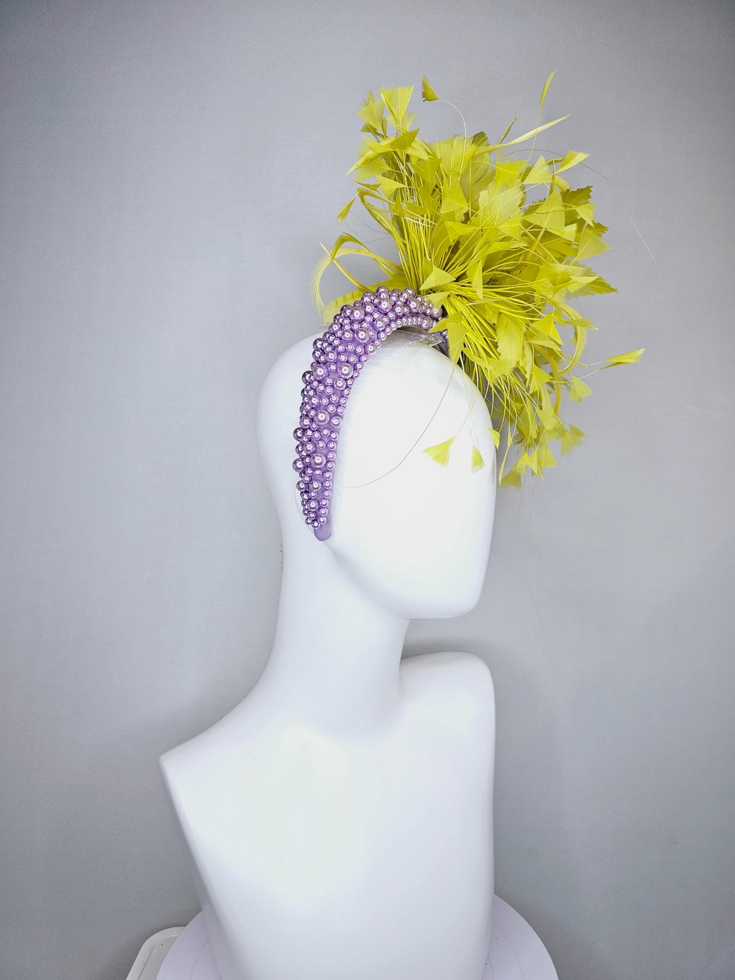 kentucky derby hat fascinator lavender purple pearl beaded headband with bright yellow feather flowers and branching yellow feathers