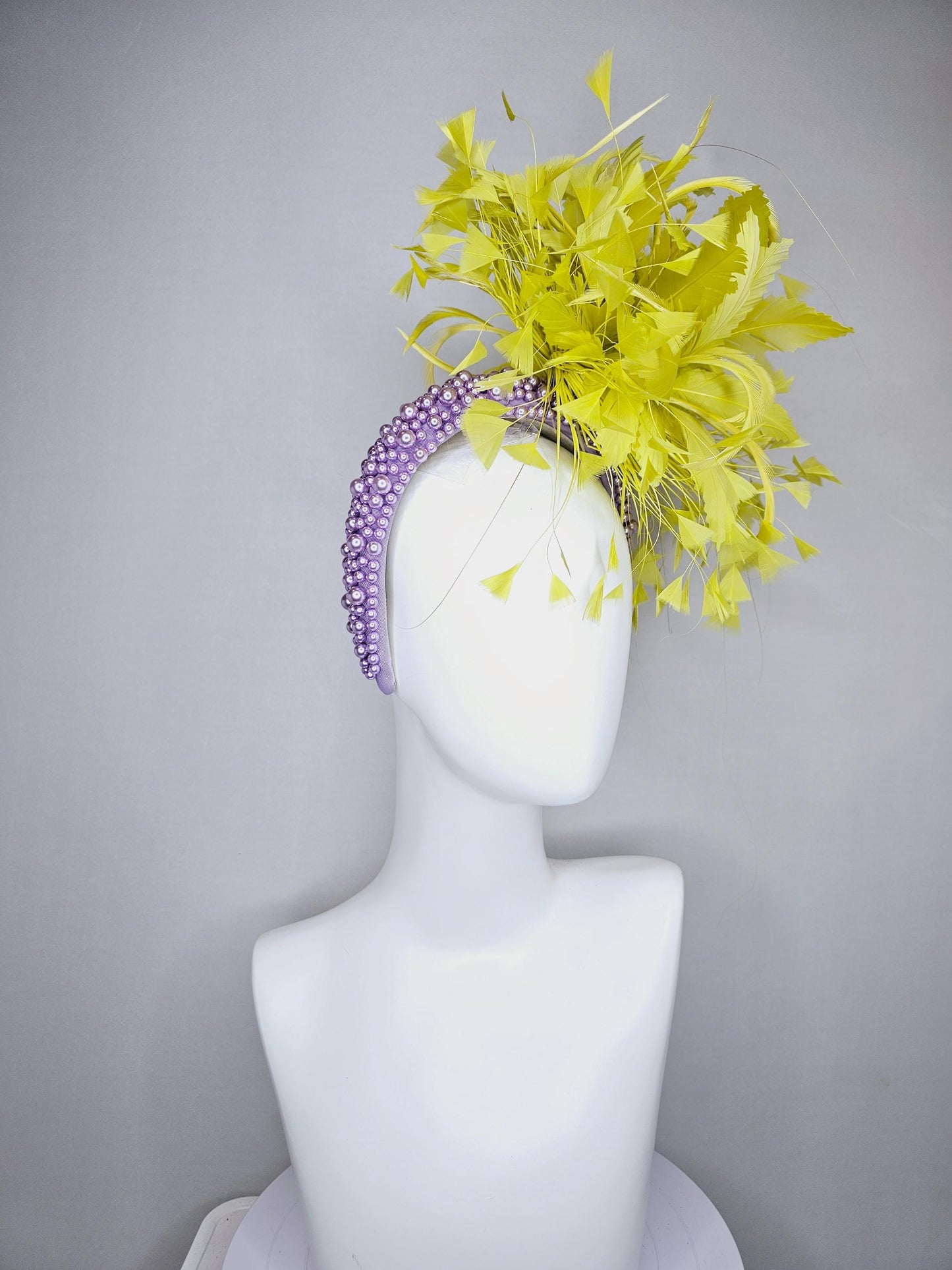 kentucky derby hat fascinator lavender purple pearl beaded headband with bright yellow feather flowers and branching yellow feathers