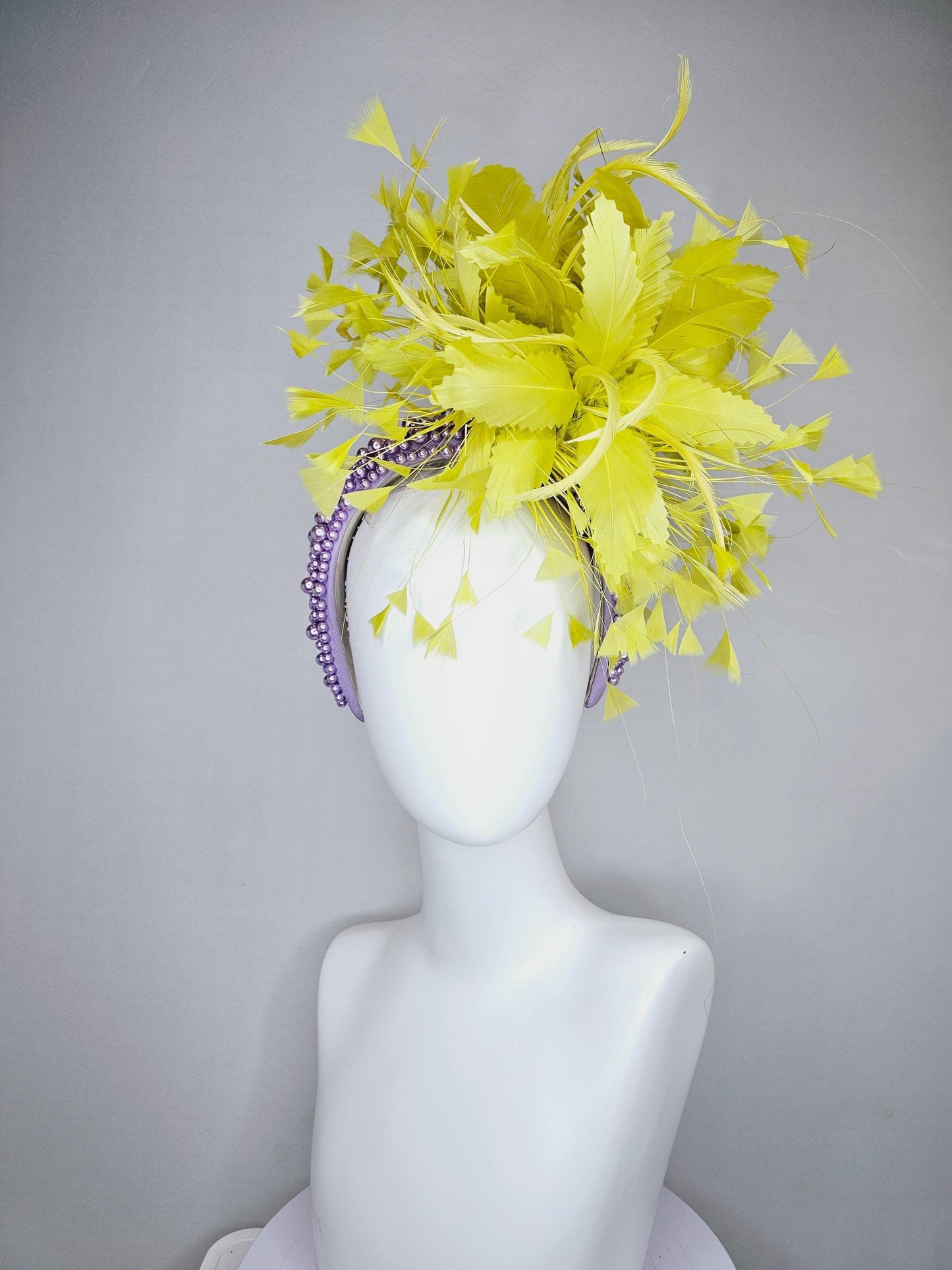 kentucky derby hat fascinator lavender purple pearl beaded headband with bright yellow feather flowers and branching yellow feathers