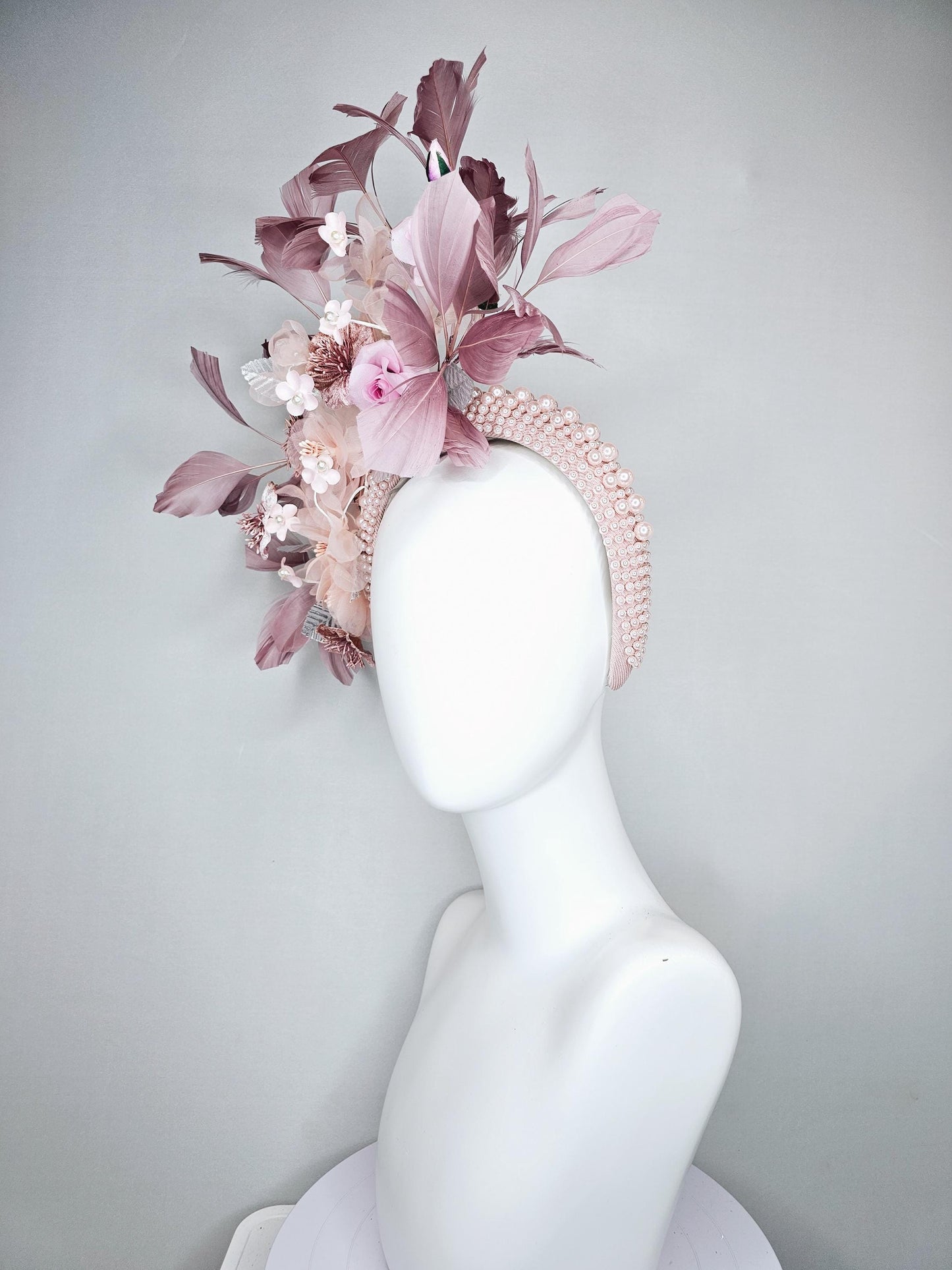 kentucky derby hat fascinator light pink pearl beaded headband with light pink organza,satin,silk flowers,silver leaves,blush pink feathers