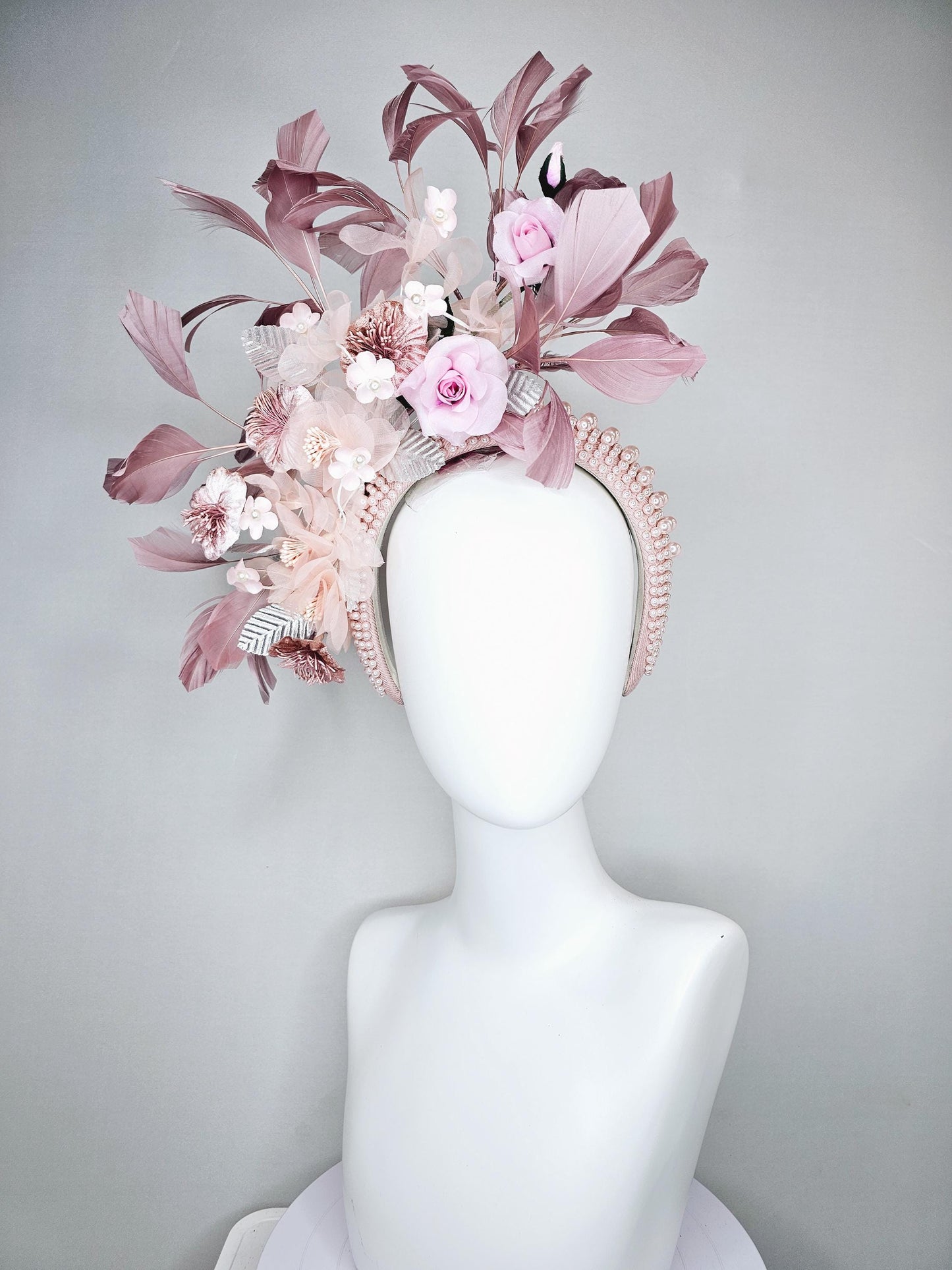 kentucky derby hat fascinator light pink pearl beaded headband with light pink organza,satin,silk flowers,silver leaves,blush pink feathers