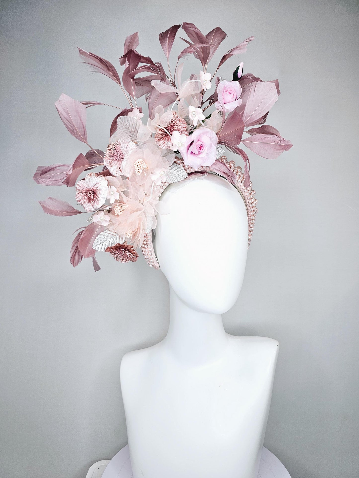 kentucky derby hat fascinator light pink pearl beaded headband with light pink organza,satin,silk flowers,silver leaves,blush pink feathers