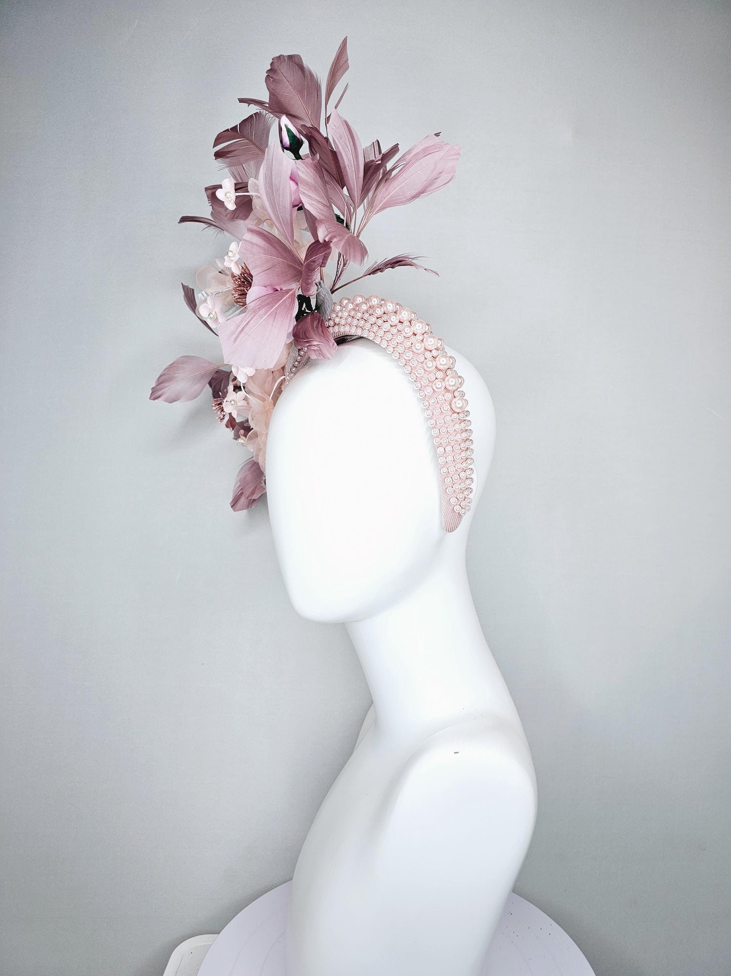 kentucky derby hat fascinator light pink pearl beaded headband with light pink organza,satin,silk flowers,silver leaves,blush pink feathers