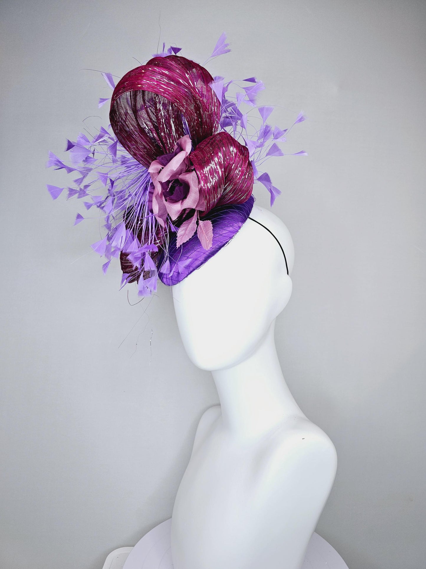 kentucky derby hat fascinator purple satin with branching purple feathers,dusty pink silk flowers leaves,with mulberry purple metallic silk