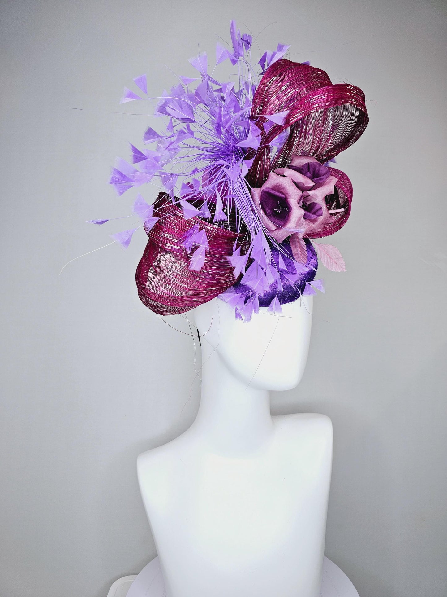 kentucky derby hat fascinator purple satin with branching purple feathers,dusty pink silk flowers leaves,with mulberry purple metallic silk