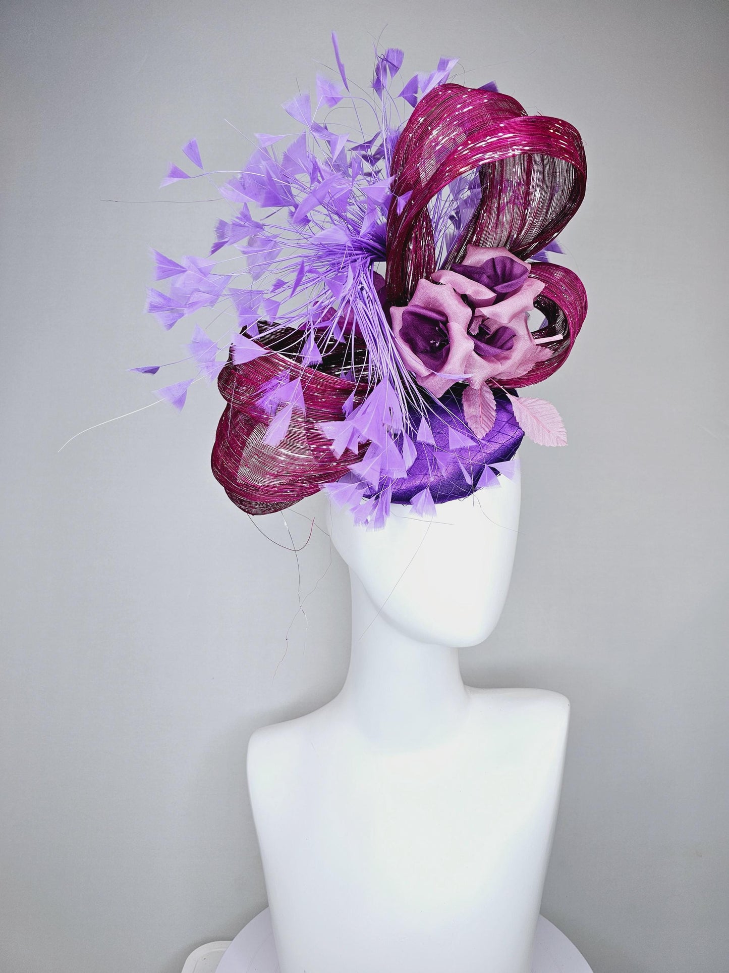 kentucky derby hat fascinator purple satin with branching purple feathers,dusty pink silk flowers leaves,with mulberry purple metallic silk