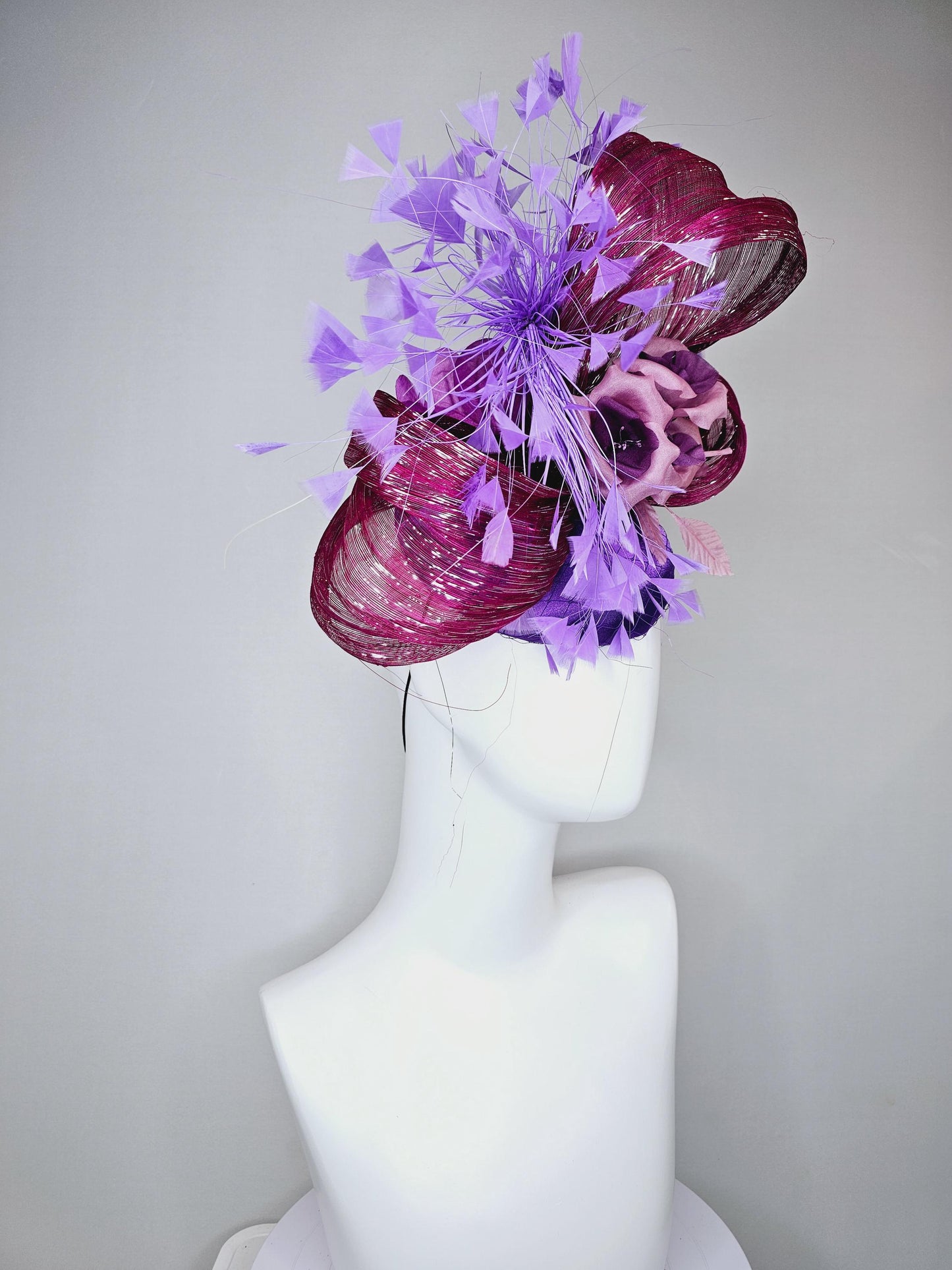 kentucky derby hat fascinator purple satin with branching purple feathers,dusty pink silk flowers leaves,with mulberry purple metallic silk