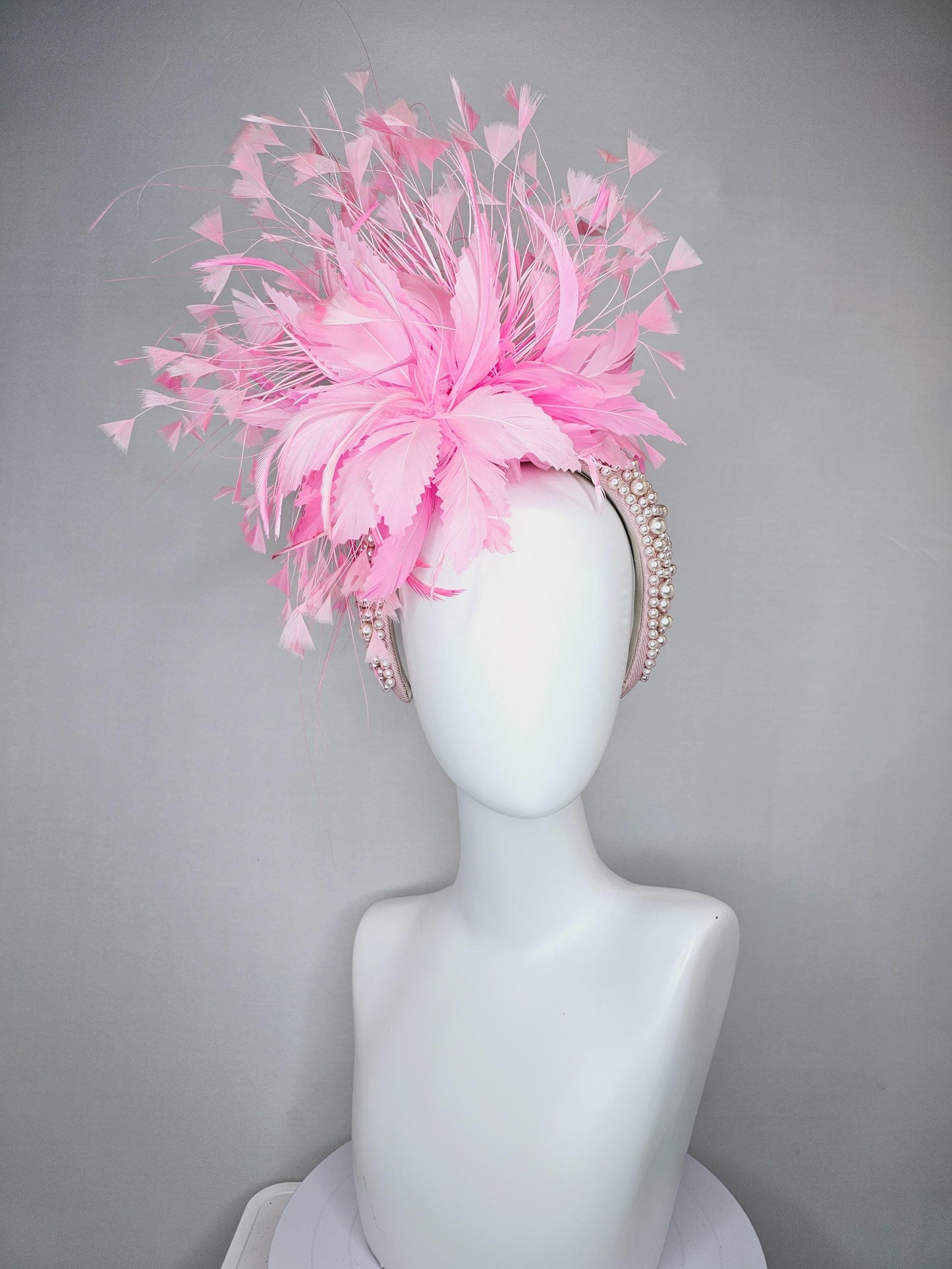 kentucky derby hat fascinator light pink champagne pearl beaded headband with baby pink feather flower and pink branching feathers