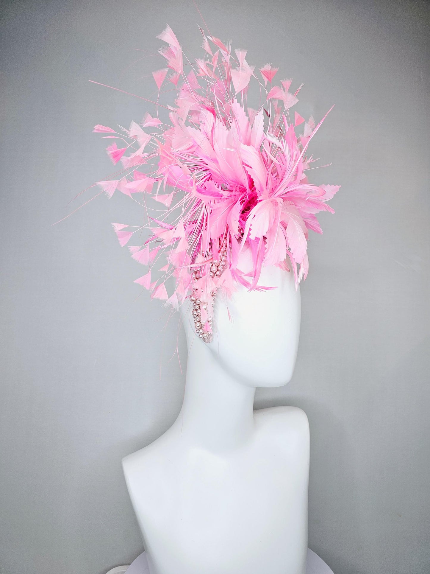 kentucky derby hat fascinator light pink champagne pearl beaded headband with baby pink feather flower and pink branching feathers