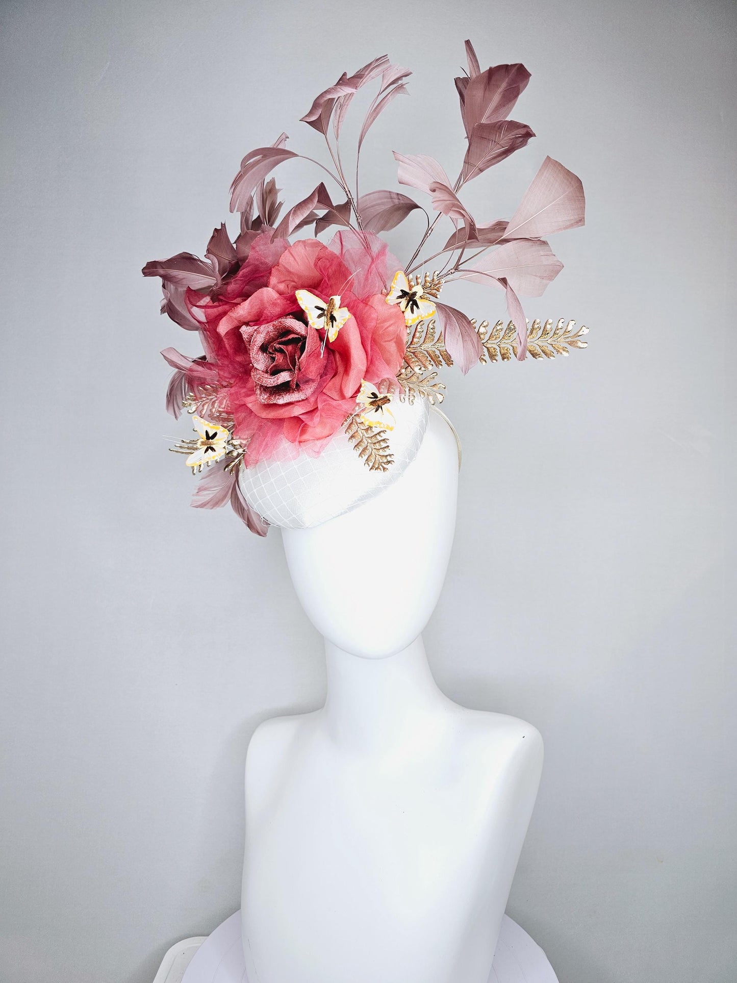 kentucky derby hat fascinator white satin base with,dusty rose gold mauve pink rose,gold leaves,dusty blush pink feathers,yellow butterflies