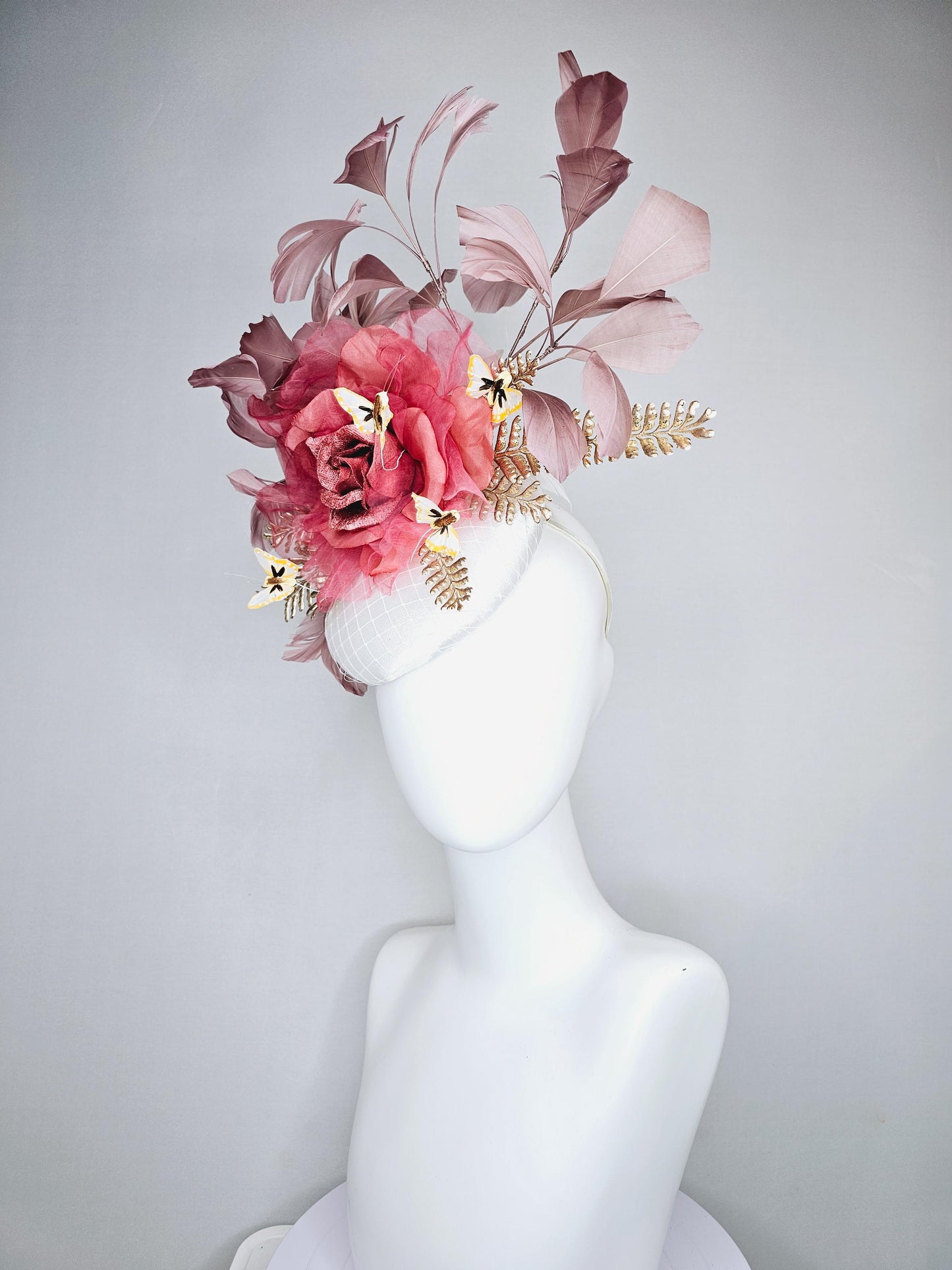 kentucky derby hat fascinator white satin base with,dusty rose gold mauve pink rose,gold leaves,dusty blush pink feathers,yellow butterflies