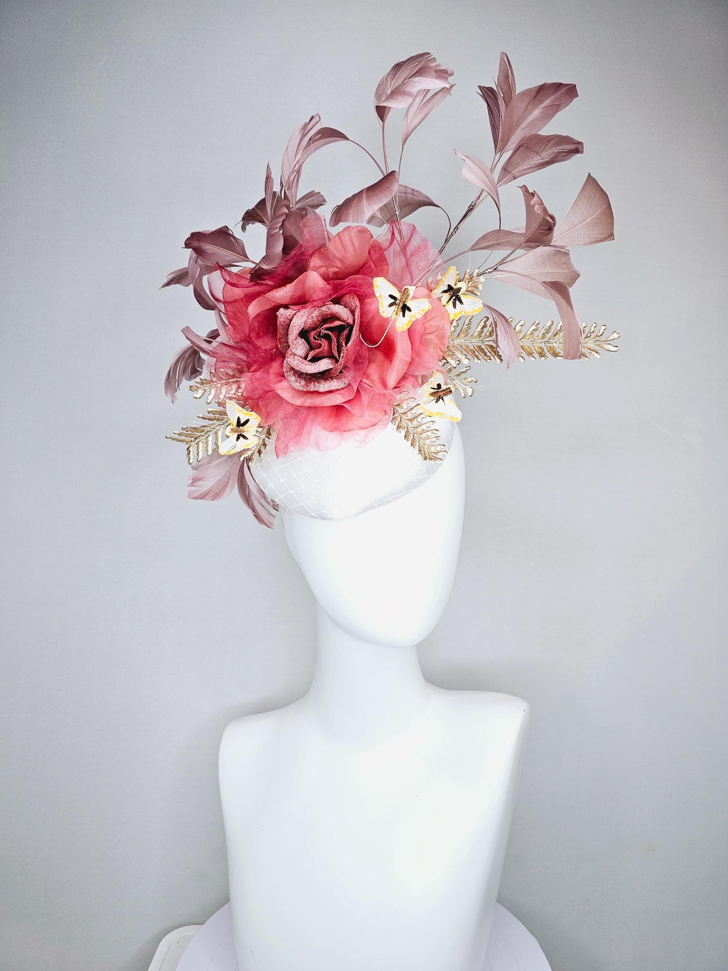 kentucky derby hat fascinator white satin base with,dusty rose gold mauve pink rose,gold leaves,dusty blush pink feathers,yellow butterflies