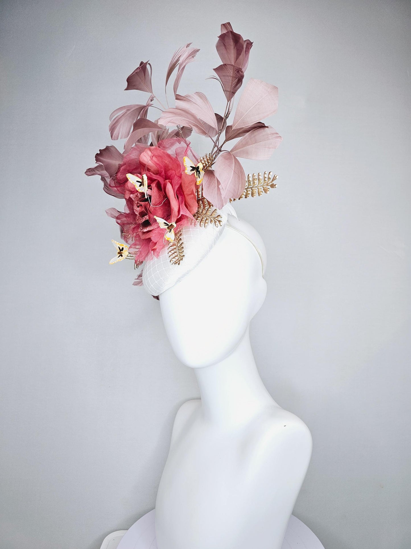 kentucky derby hat fascinator white satin base with,dusty rose gold mauve pink rose,gold leaves,dusty blush pink feathers,yellow butterflies