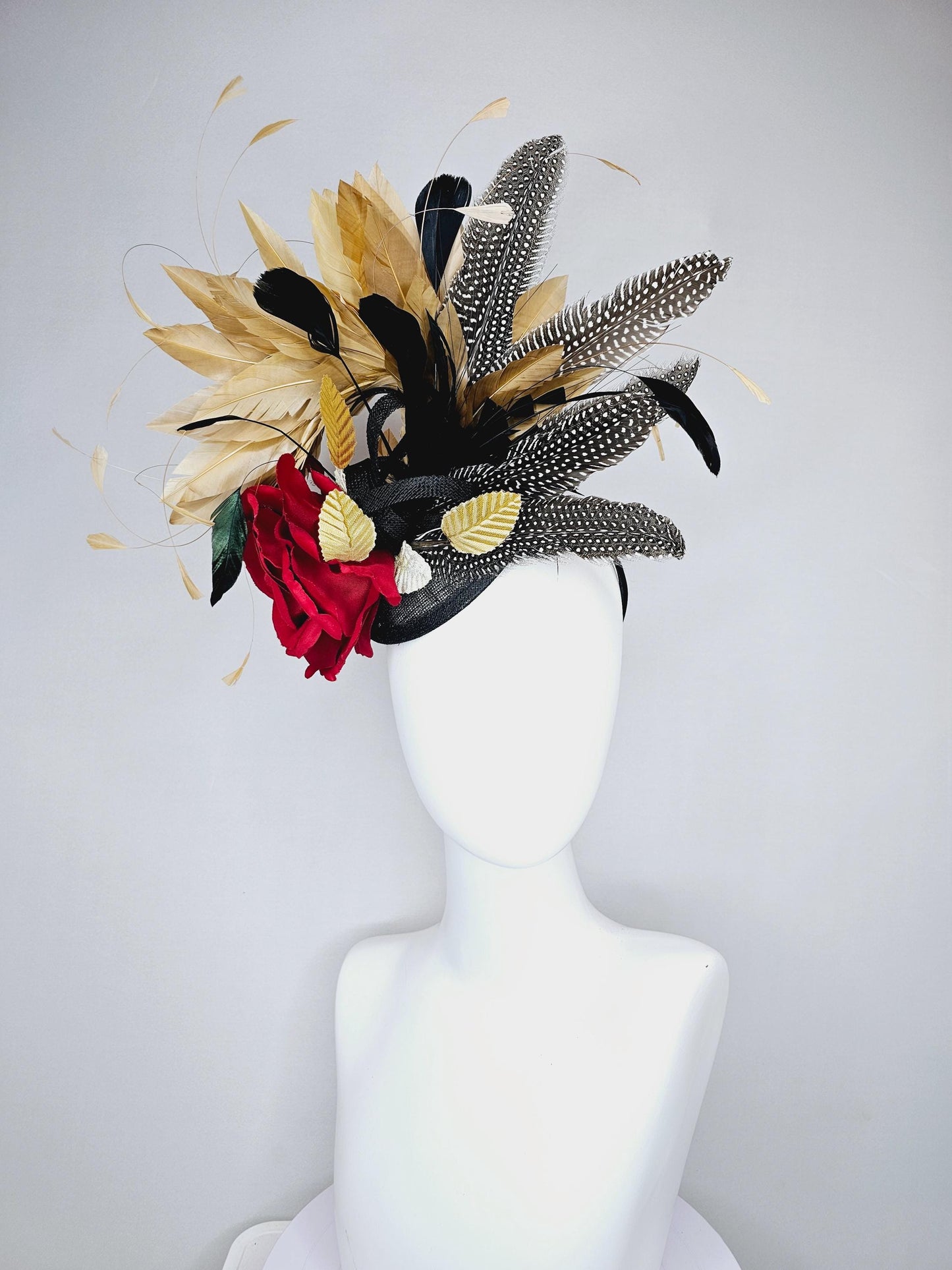 kentucky derby hat fascinator black sinamay base with red rose and beige tan and black feathers,bright gold leaves, with pheasant feathers