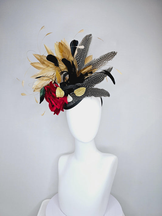 kentucky derby hat fascinator black sinamay base with red rose and beige tan and black feathers,bright gold leaves, with pheasant feathers