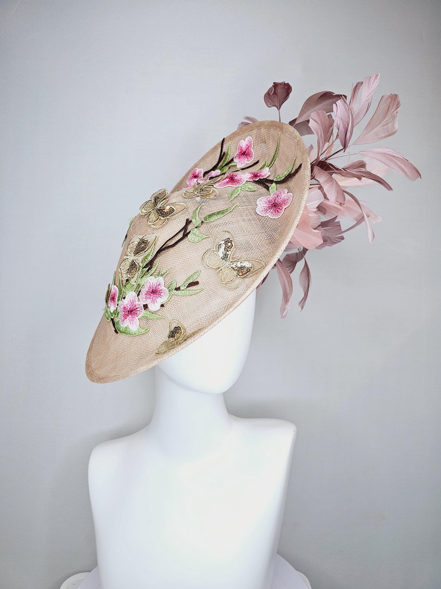 kentucky derby hat fascinator taupe beige neutral saucer sinamay,butterfly floral embroidered decor with dusty pink branching feathers