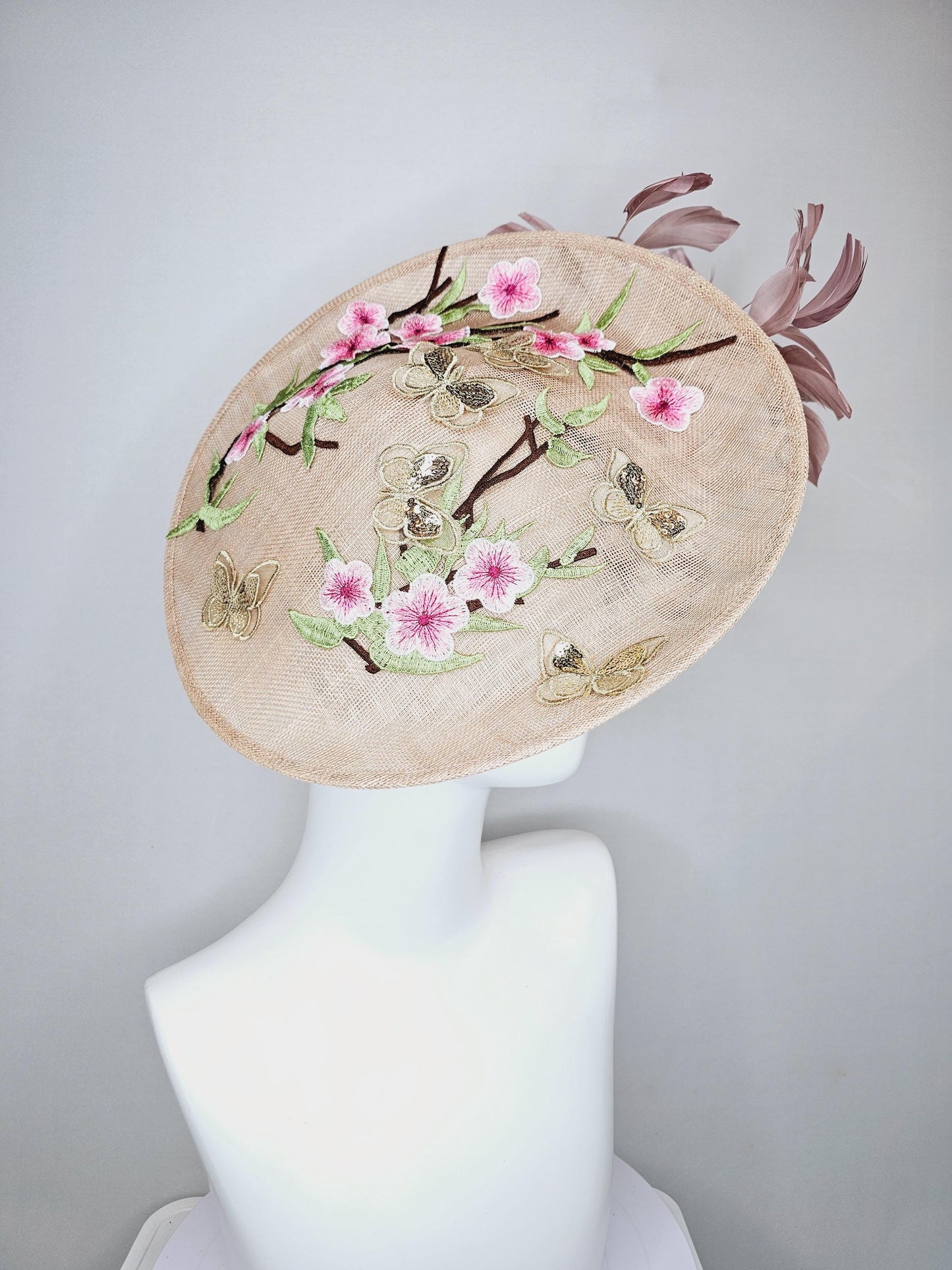 kentucky derby hat fascinator taupe beige neutral saucer sinamay,butterfly floral embroidered decor with dusty pink branching feathers