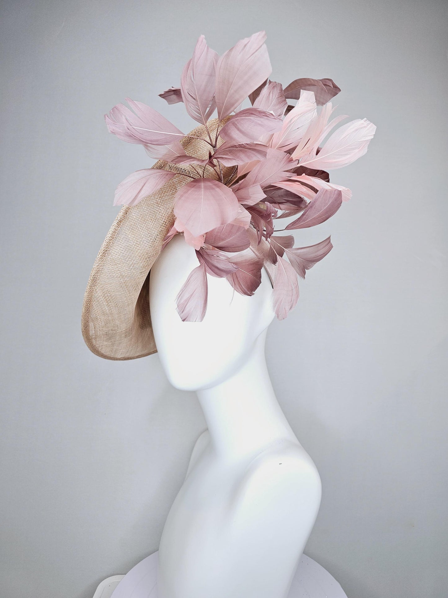 kentucky derby hat fascinator taupe beige neutral saucer sinamay,butterfly floral embroidered decor with dusty pink branching feathers