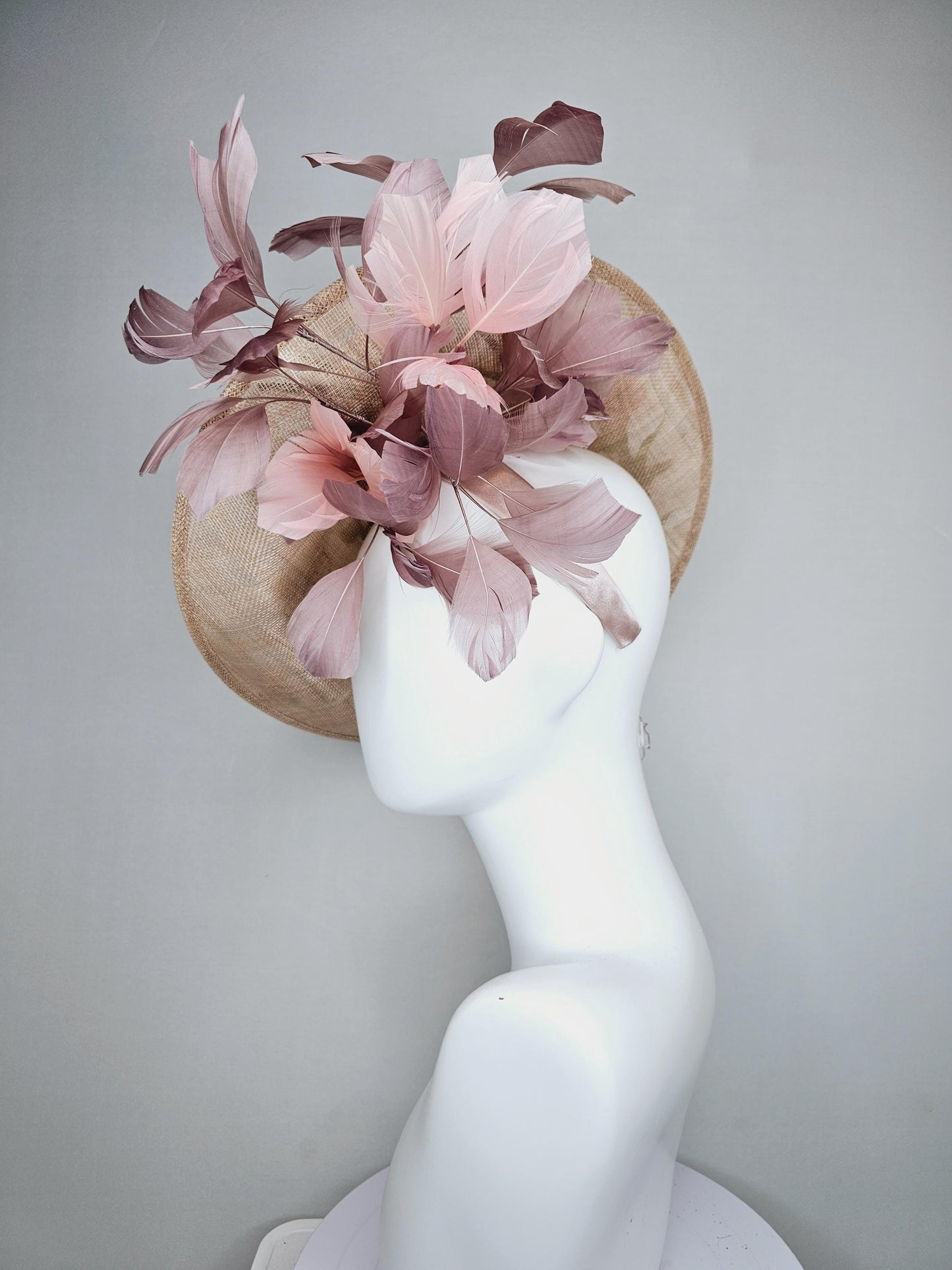 kentucky derby hat fascinator taupe beige neutral saucer sinamay,butterfly floral embroidered decor with dusty pink branching feathers