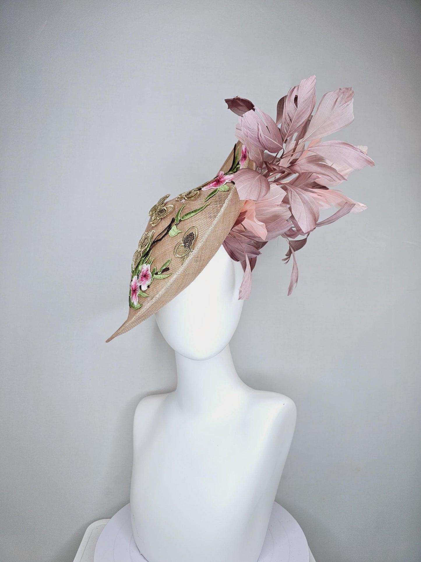 kentucky derby hat fascinator taupe beige neutral saucer sinamay,butterfly floral embroidered decor with dusty pink branching feathers