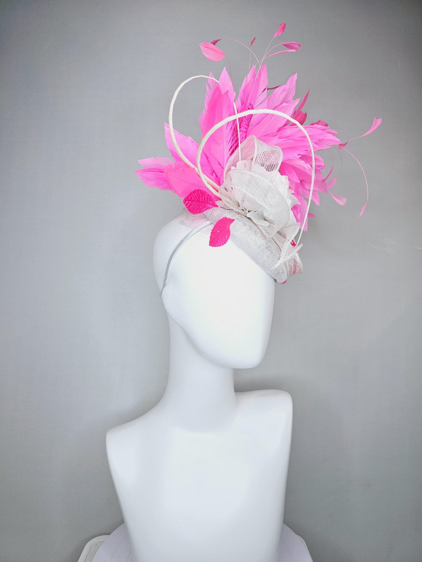 kentucky derby hat fascinator ivory white sinamay with sinamay curls,white satin silk flowers with bright pink feathers and pink leaves