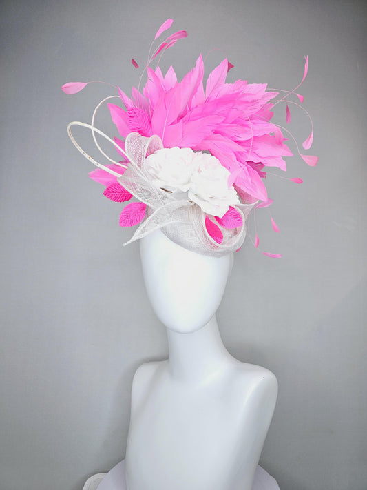 kentucky derby hat fascinator ivory white sinamay with sinamay curls,white satin silk flowers with bright pink feathers and pink leaves