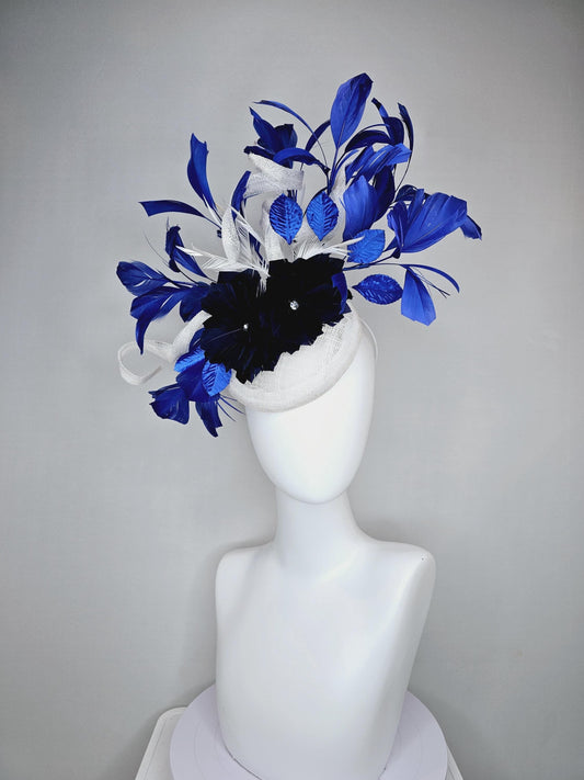 kentucky derby hat fascinator white sinamay with curls,midnight navy blue feather flowers rhinestone center,royal blue velvet leaves feather