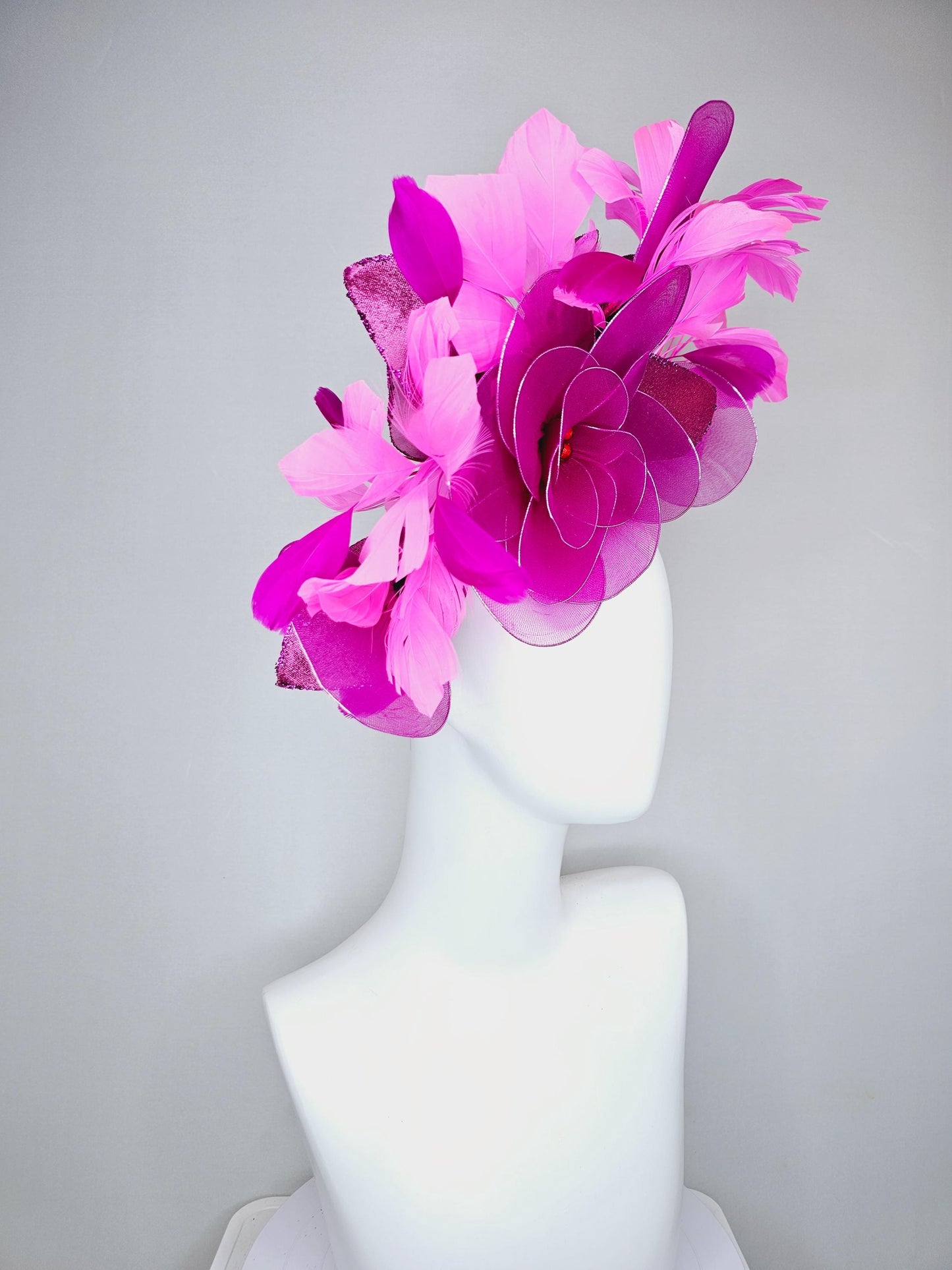 kentucky derby hat fascinator purple pink magenta wire mesh large flowers with dark purple sparkle velvet leaves and pink branching feathers