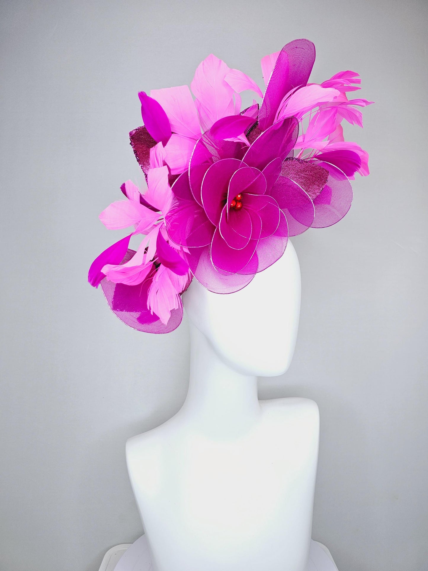 kentucky derby hat fascinator purple pink magenta wire mesh large flowers with dark purple sparkle velvet leaves and pink branching feathers