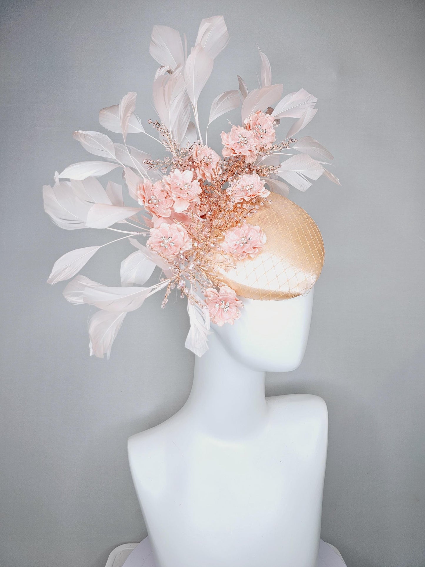 kentucky derby hat fascinator champagne beige satin with netting,peach pink satin flowers with crystal rhinestone stems,light pink feathers