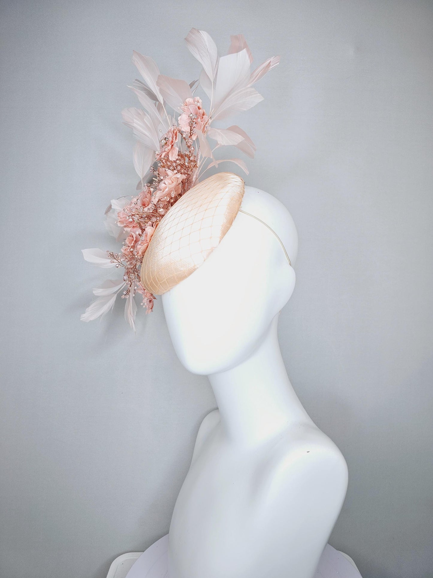 kentucky derby hat fascinator champagne beige satin with netting,peach pink satin flowers with crystal rhinestone stems,light pink feathers