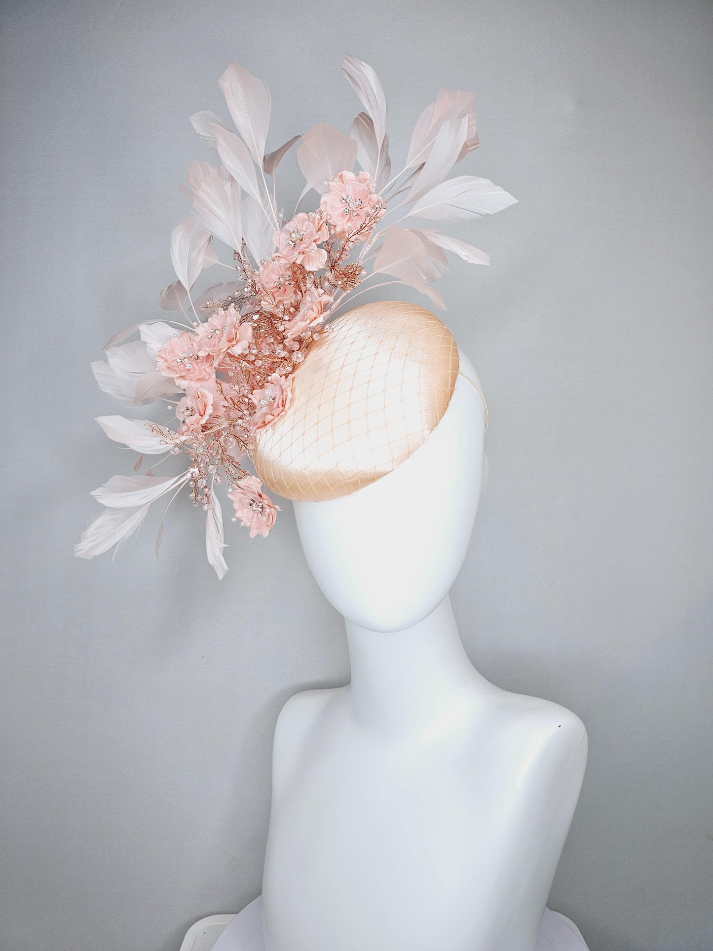 kentucky derby hat fascinator champagne beige satin with netting,peach pink satin flowers with crystal rhinestone stems,light pink feathers