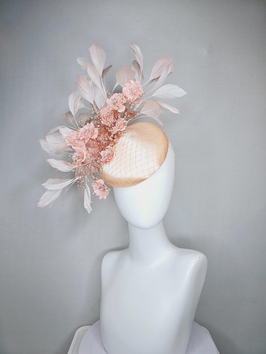 kentucky derby hat fascinator champagne beige satin with netting,peach pink satin flowers with crystal rhinestone stems,light pink feathers