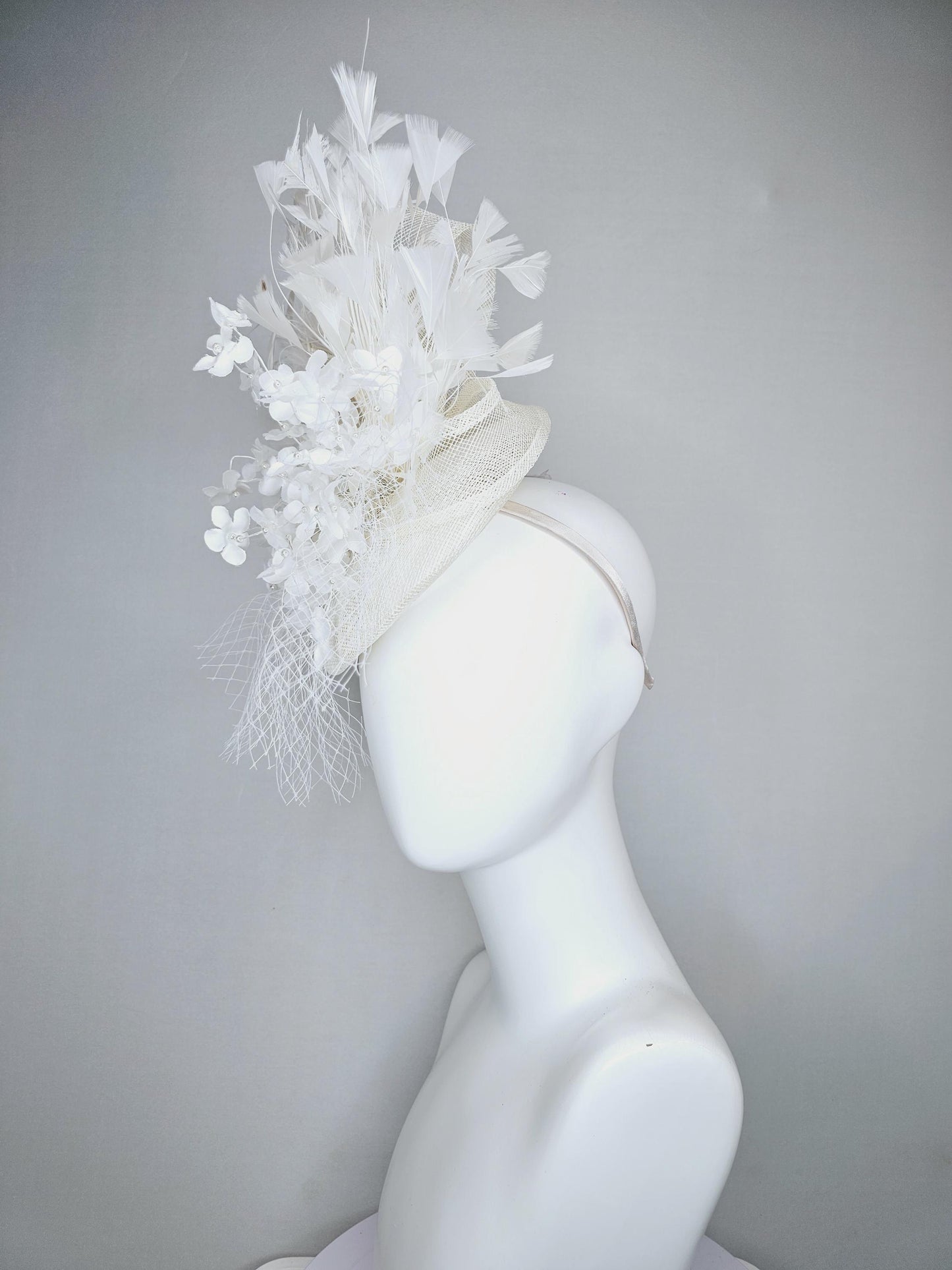 kentucky derby hat fascinator ivory white sinamay with bow and netting,ivory white silk flowers with pearls, and branching white feathers